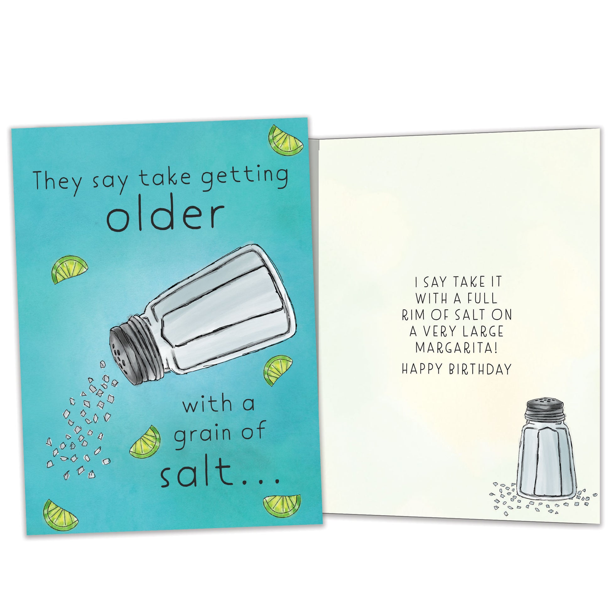 Front and inside view of a Birthday greeting card featuring a salt shaker and a message about getting older, with matching design details inside.