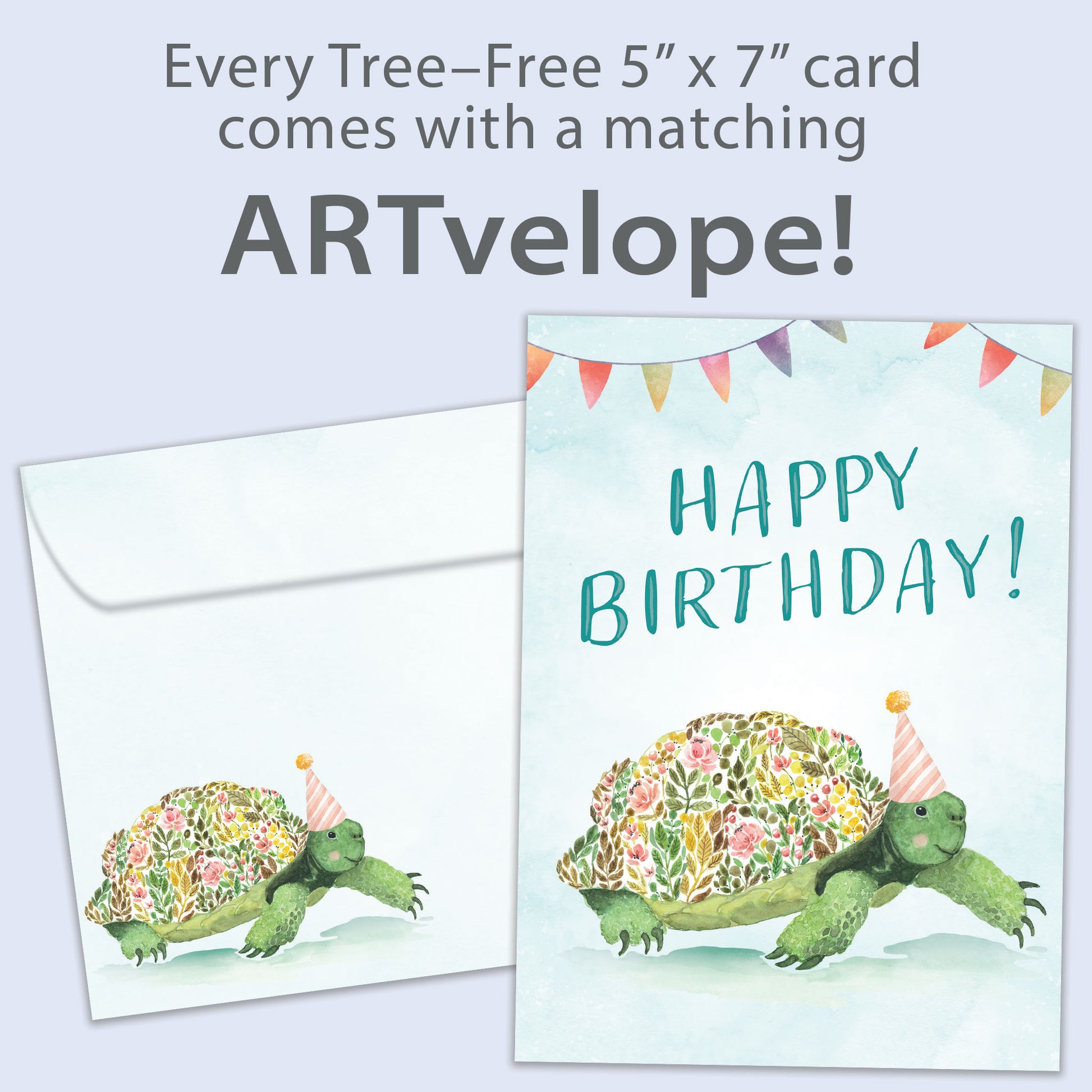 Front view of a Birthday greeting card featuring a flowery turtle with the message "Happy Birthday", with matching envelope artwork