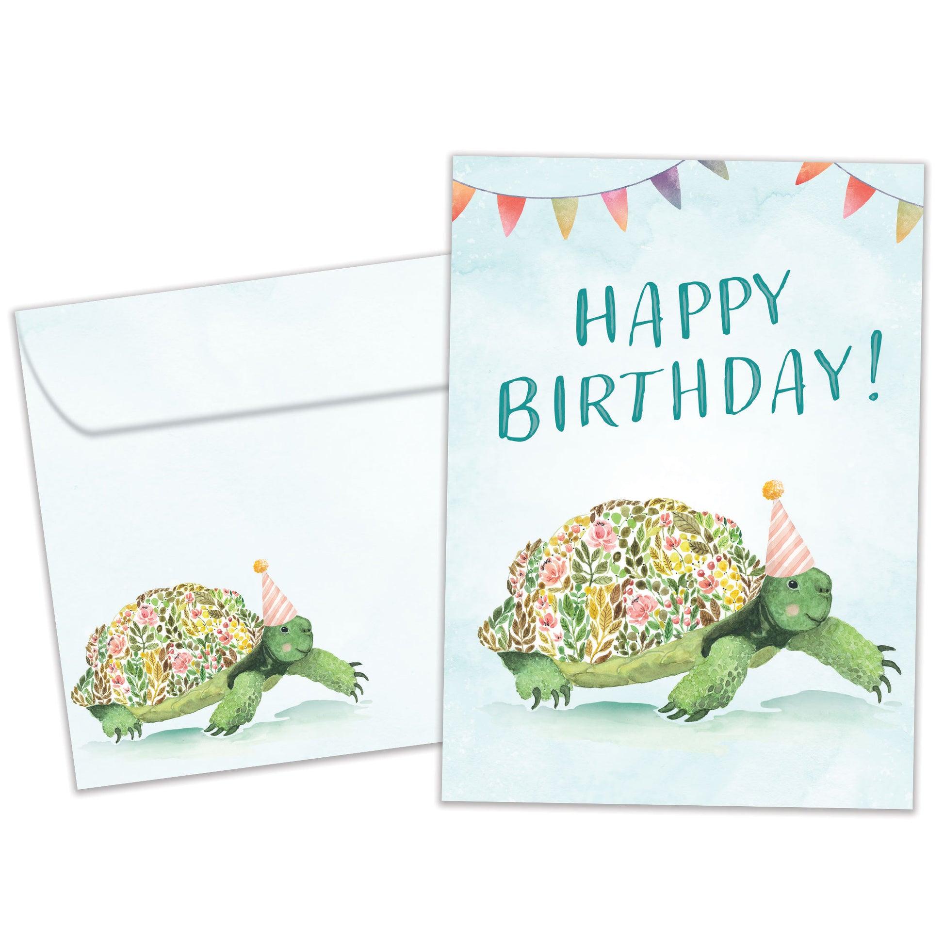 Front view of a Birthday greeting card featuring a flowery turtle with the message "Happy Birthday", with a matching envelope