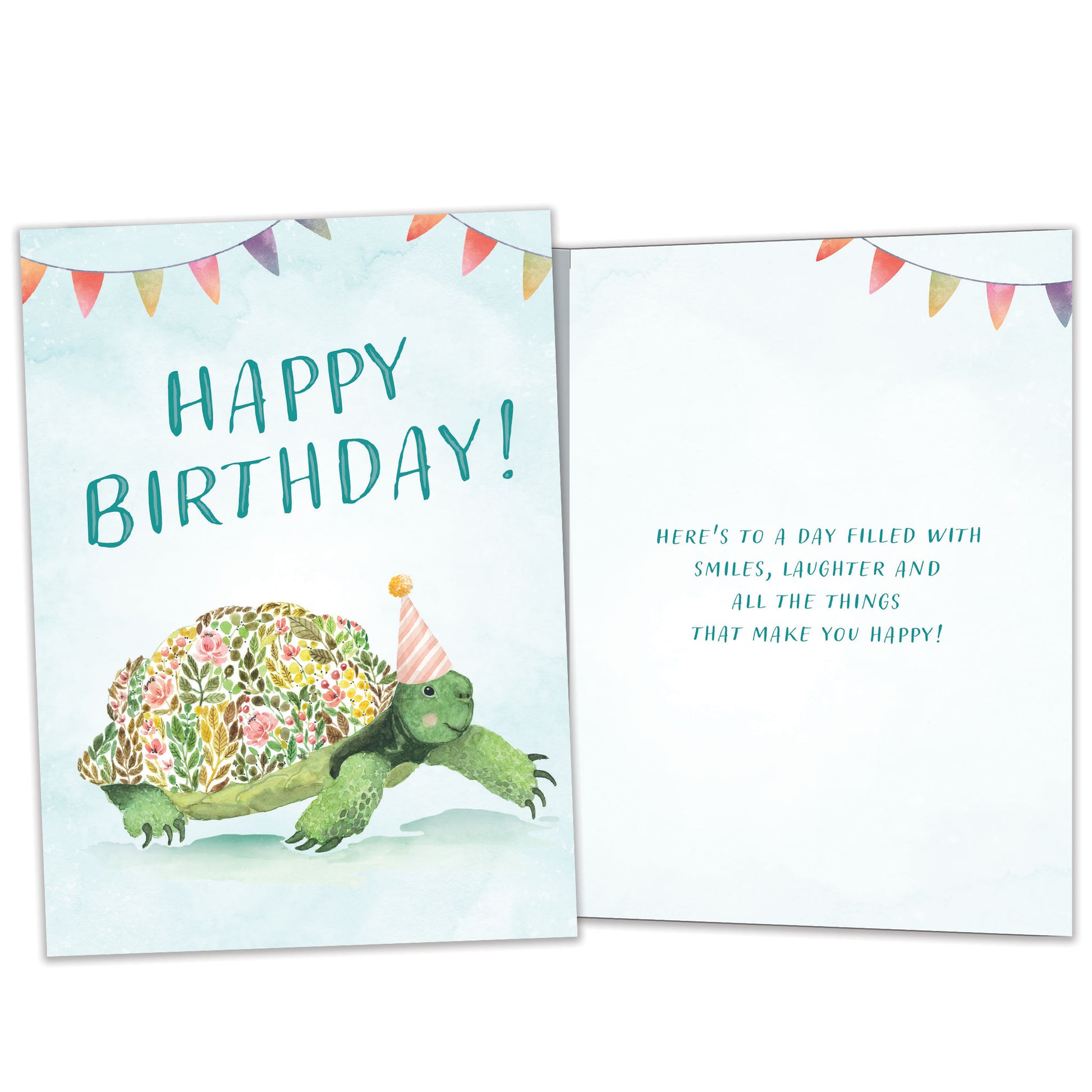 Front and inside view of a Birthday greeting card featuring a flowery turtle with the message "Happy Birthday", with matching design details inside.
