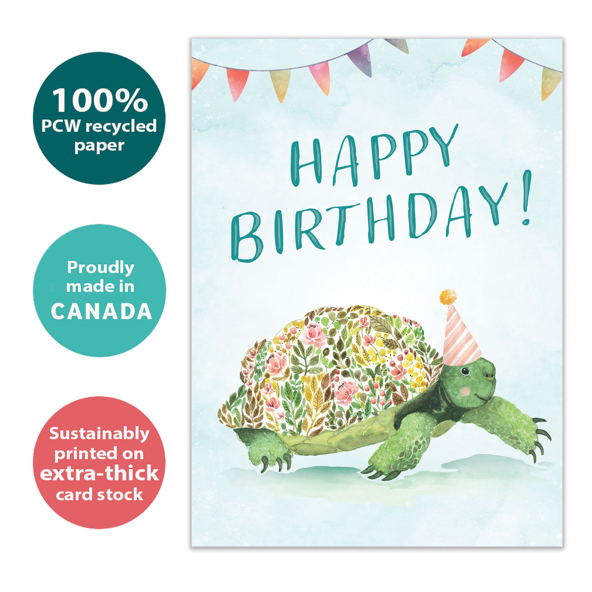 Front view of a Birthday greeting card featuring a flowery turtle and the words "Happy Birthday", highlighting its eco-friendly materials and made in Canada