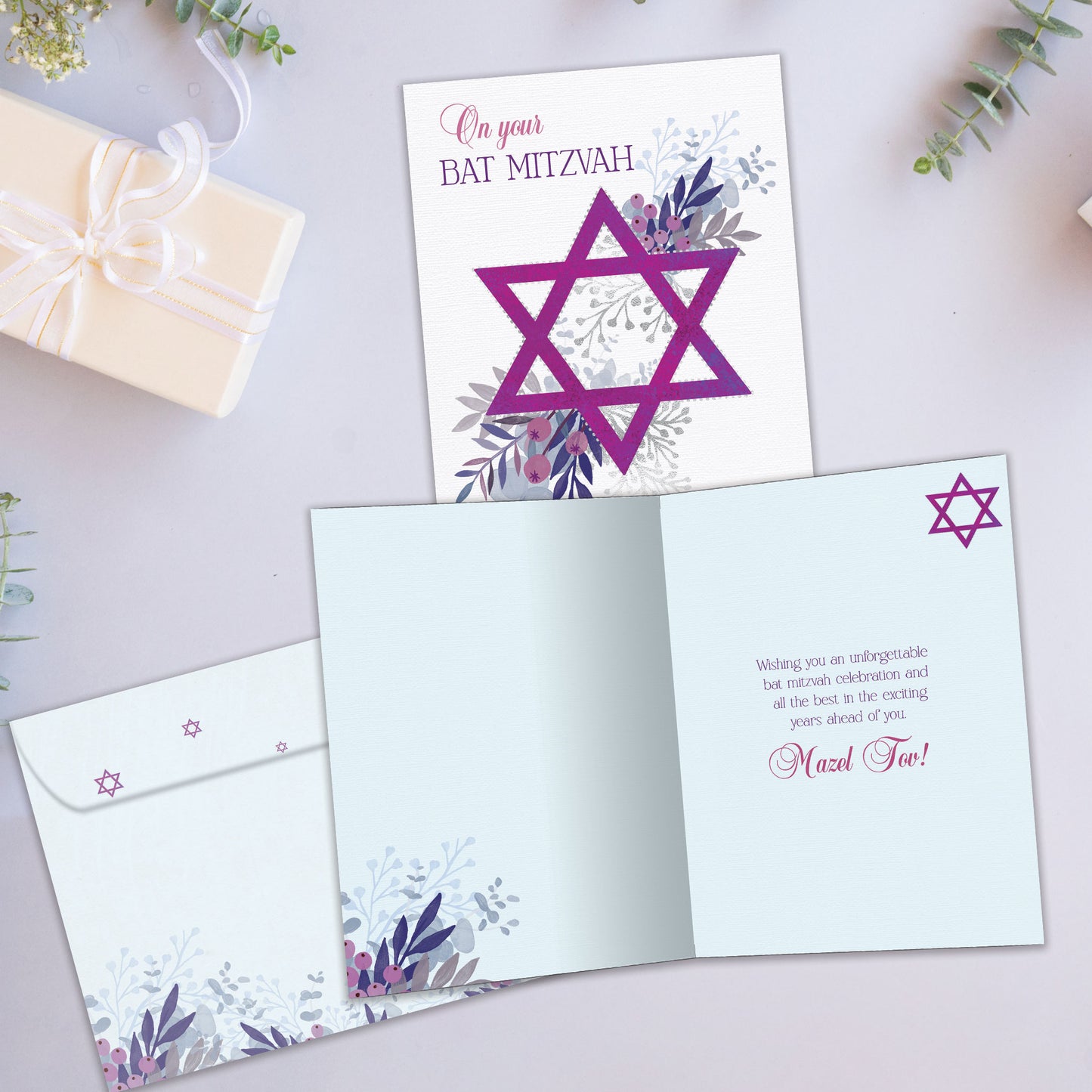 Pink Floral Star Bar & Bat Mitzvah Card