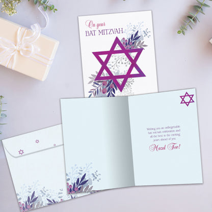 Pink Floral Star Bar & Bat Mitzvah Card