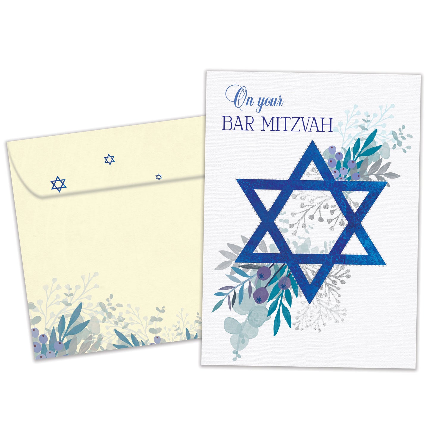 Blue Floral Star Bar & Bat Mitzvah Card
