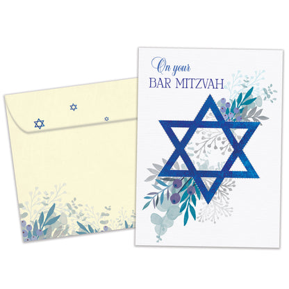 Blue Floral Star Bar & Bat Mitzvah Card