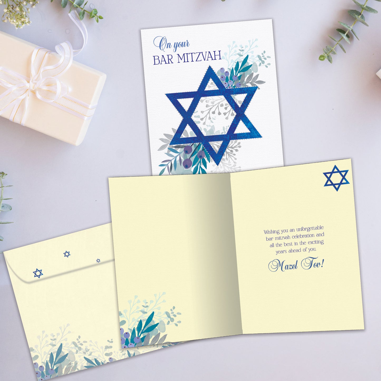Blue Floral Star Bar & Bat Mitzvah Card
