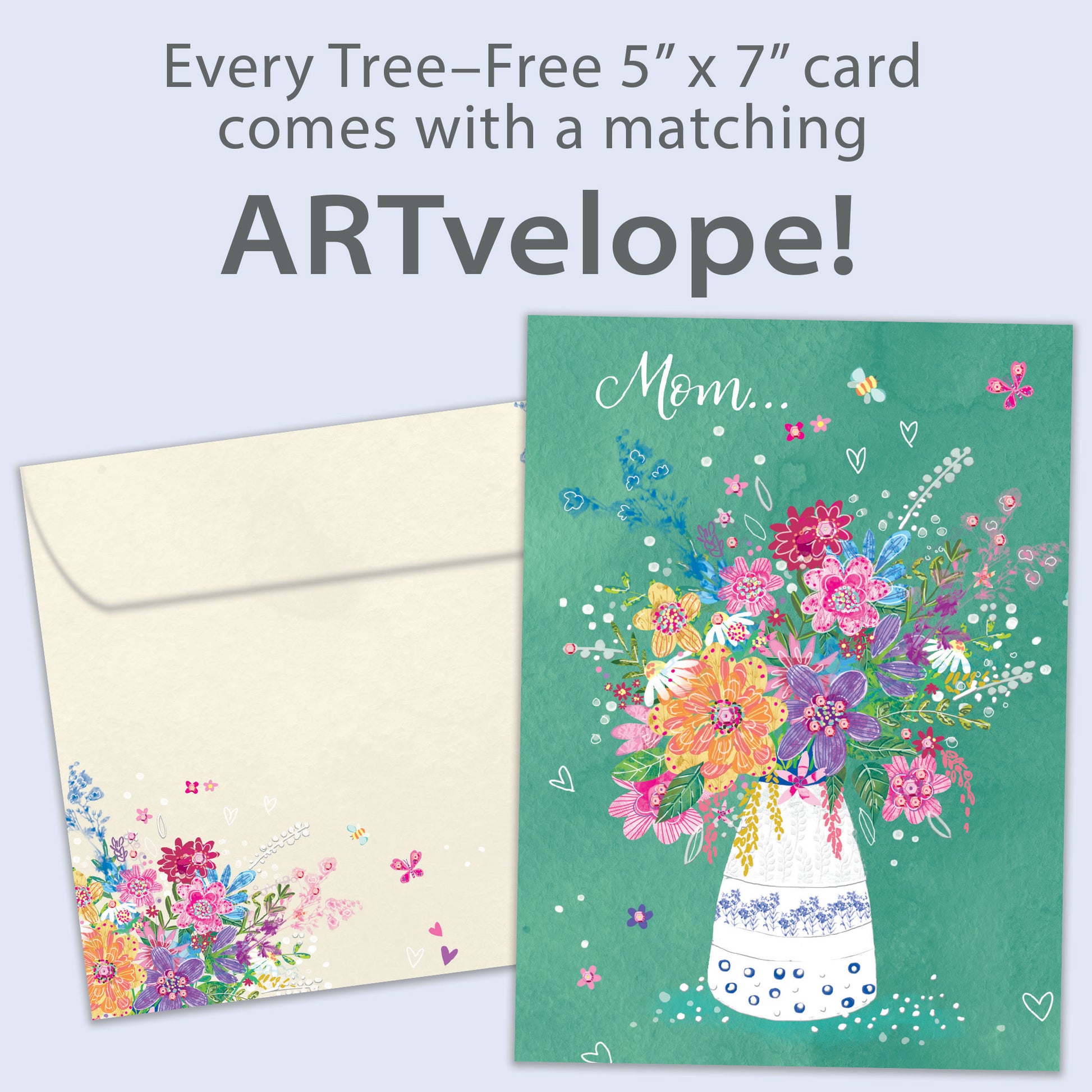 Front view of a Birthday greeting card featuring an illustration of a vase of flowers and the message "Mom", with matching envelope artwork