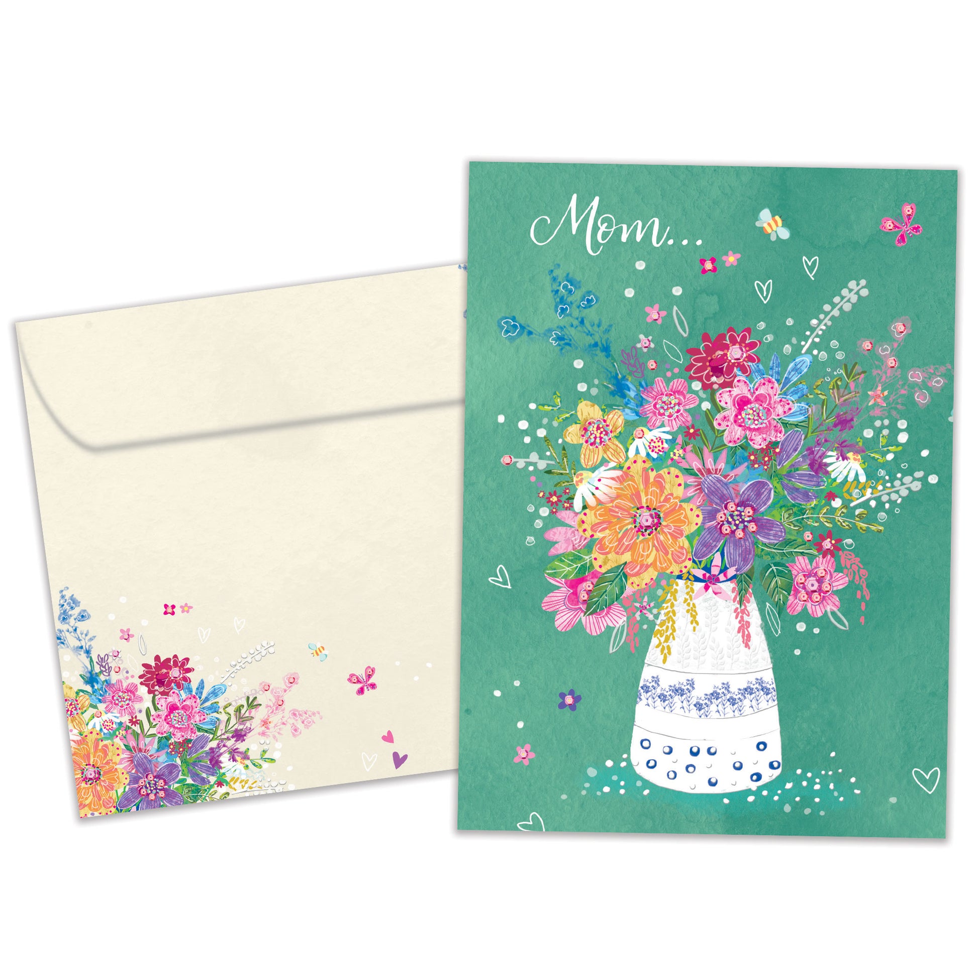 Front view of a Birthday greeting card featuring an illustration of a vase of flowers and the message "Mom", with a matching envelope