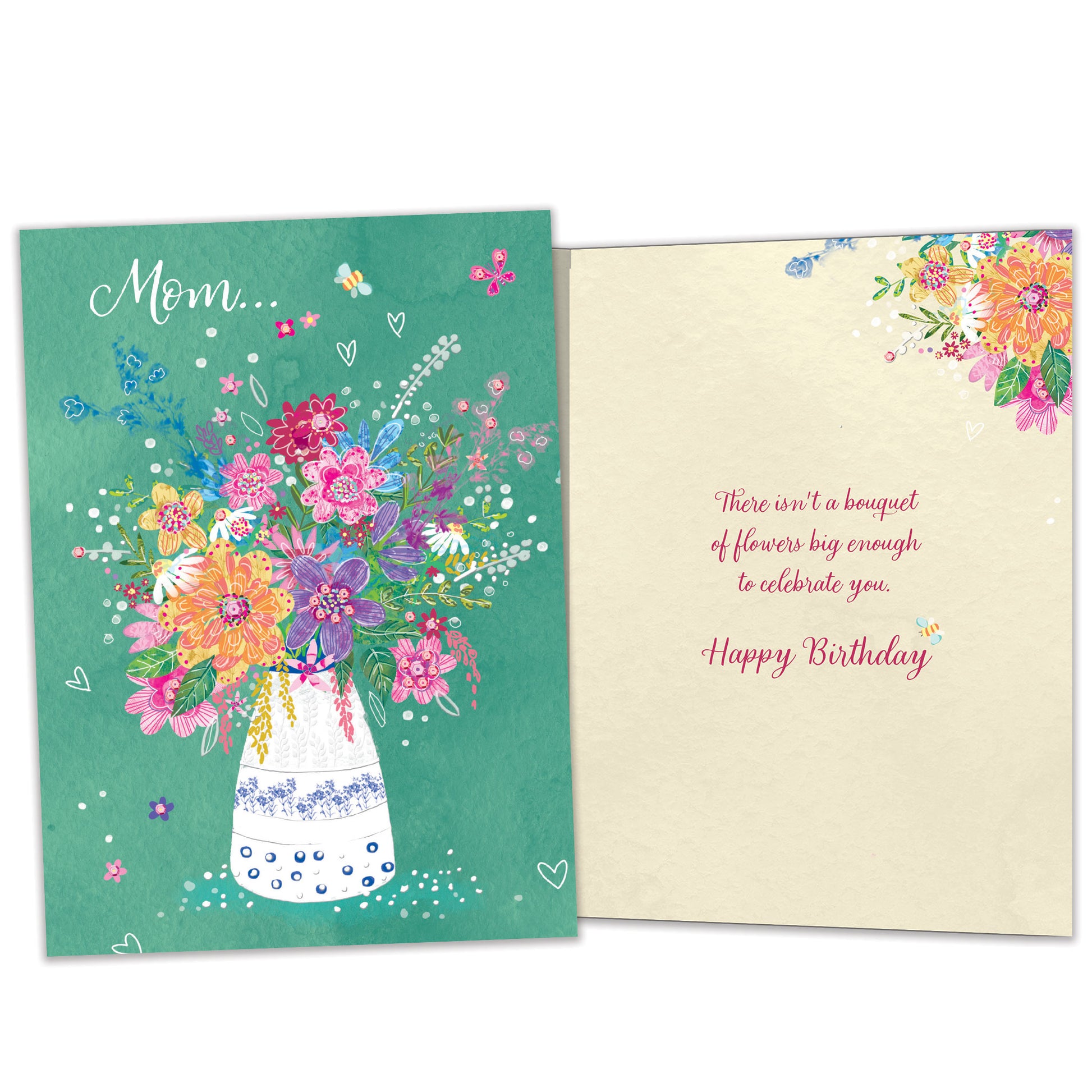 Front and inside view of a Birthday greeting card featuring a vase of flowers and the message "Mom", with matching design details inside.