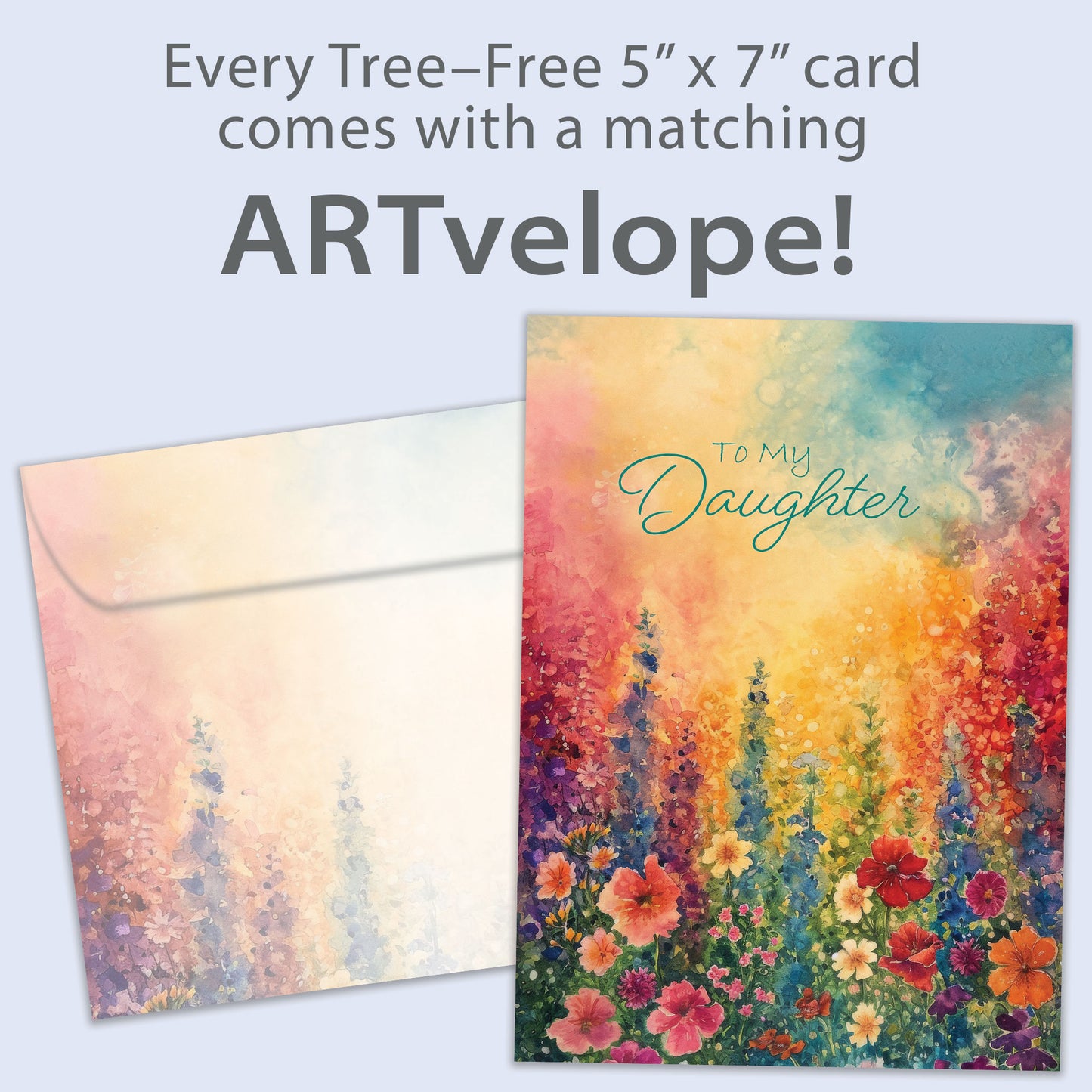 Front view of a Birthday greeting card featuring a colourful floral design and the message "To my daughter", with matching envelope artwork.
