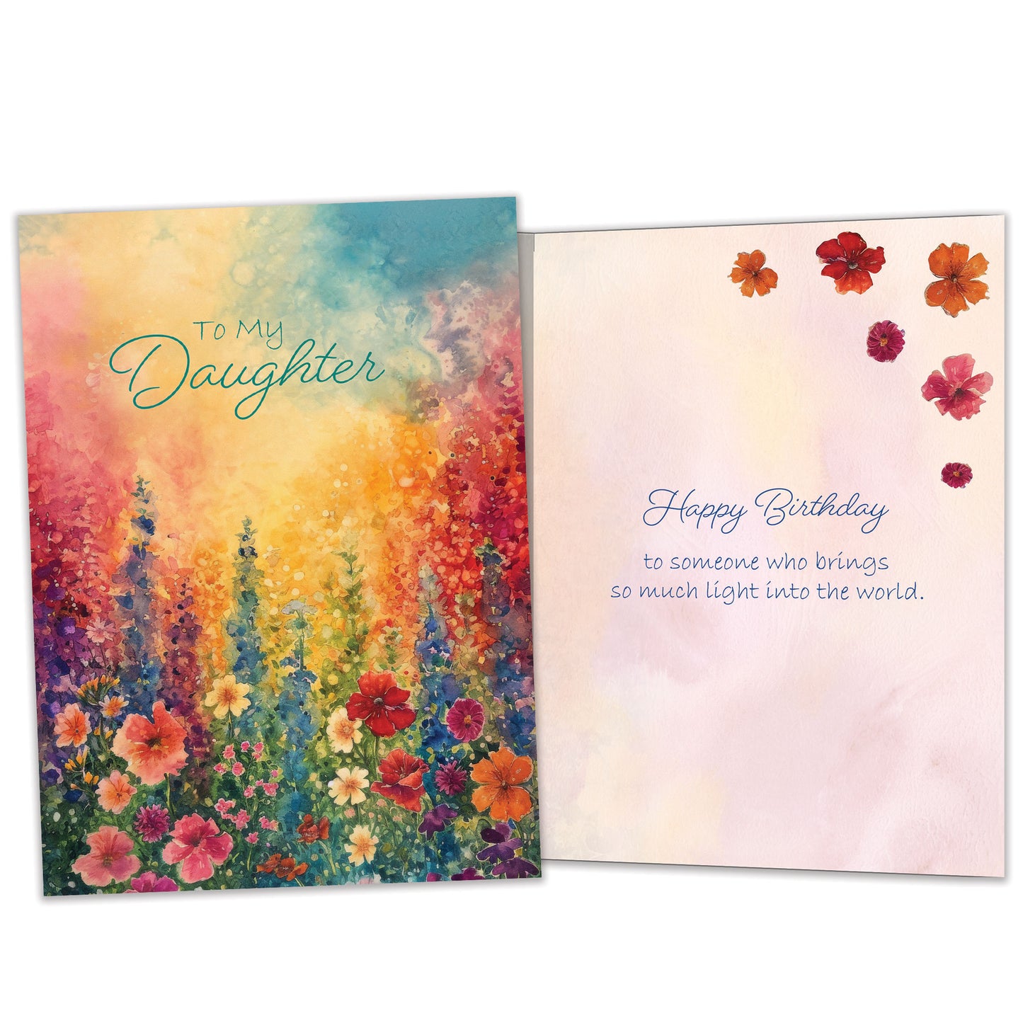 Front and inside view of a Birthday greeting card featuring a floral design and the message "To my daughter", with matching design details inside.