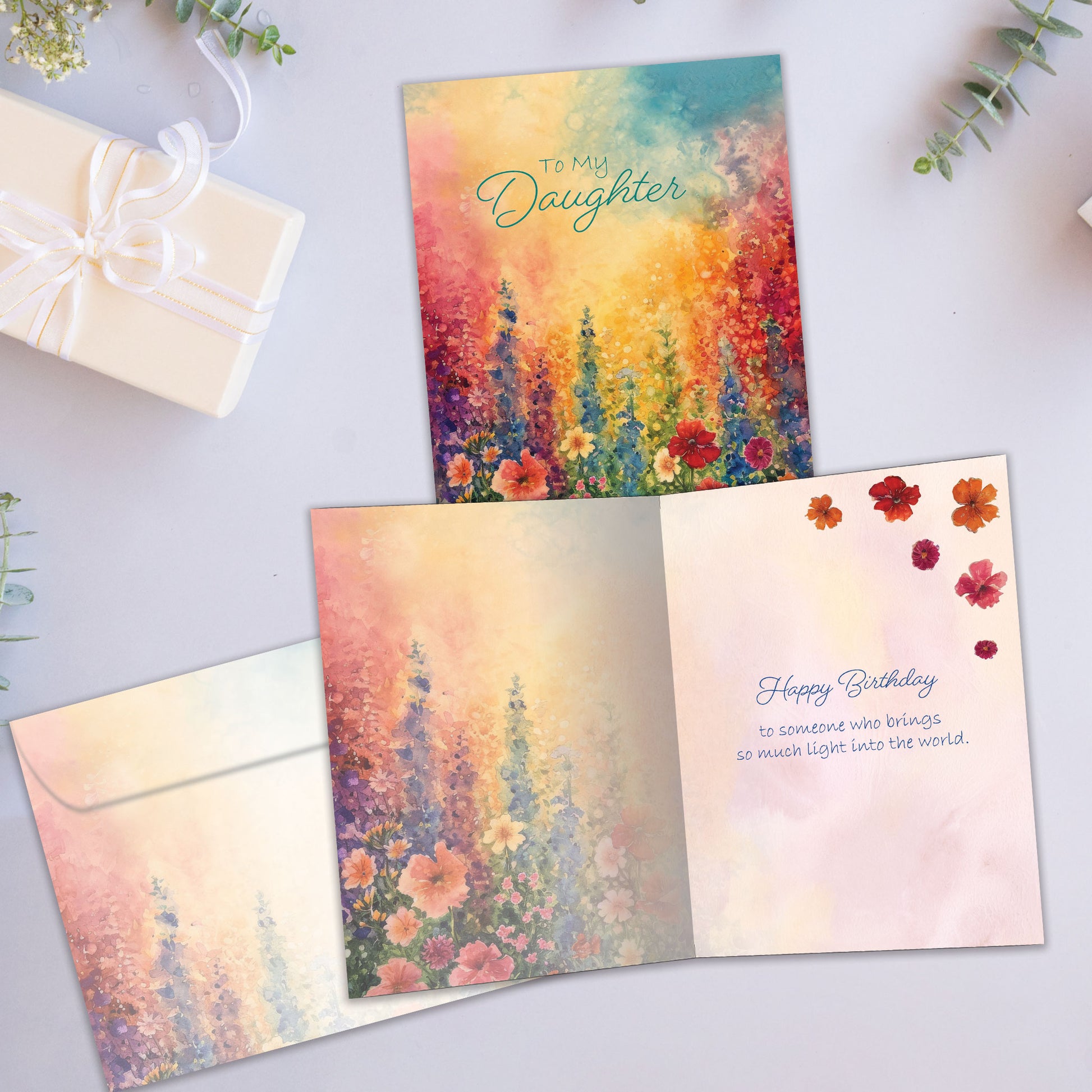 Front and inside view of a Birthday greeting card showcasing a colourful floral design and the message "To my daughter", with a matching envelope.