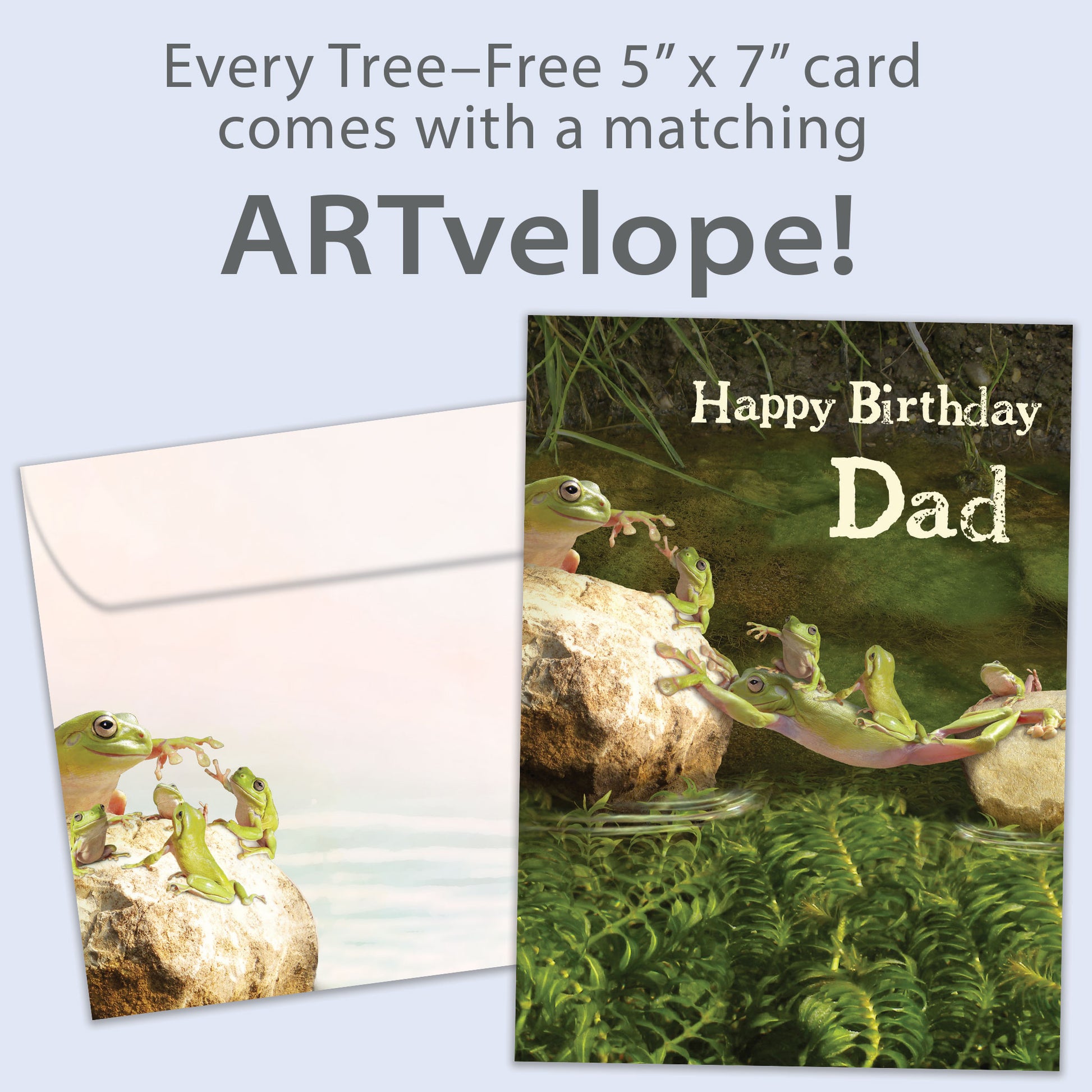 Front view of a Birthday greeting card with a frog dad supporting his children and the words "Happy Birthday Dad", with matching envelope artwork