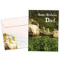 Front view of a Birthday greeting card featuring a frog dad supporting his children and the message "Happy Birthday Dad", with a matching envelope