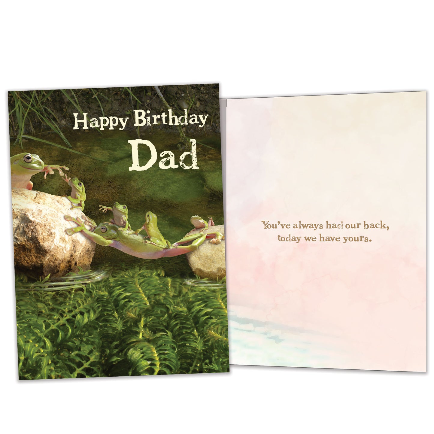 Front and inside view of a Birthday greeting card with a frog dad supporting his children, with matching design details inside.