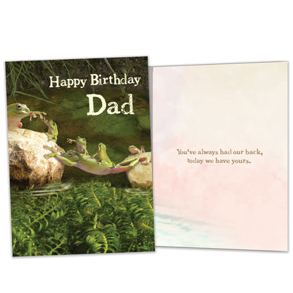 Front and inside view of a Birthday greeting card with a frog dad supporting his children, with matching design details inside.