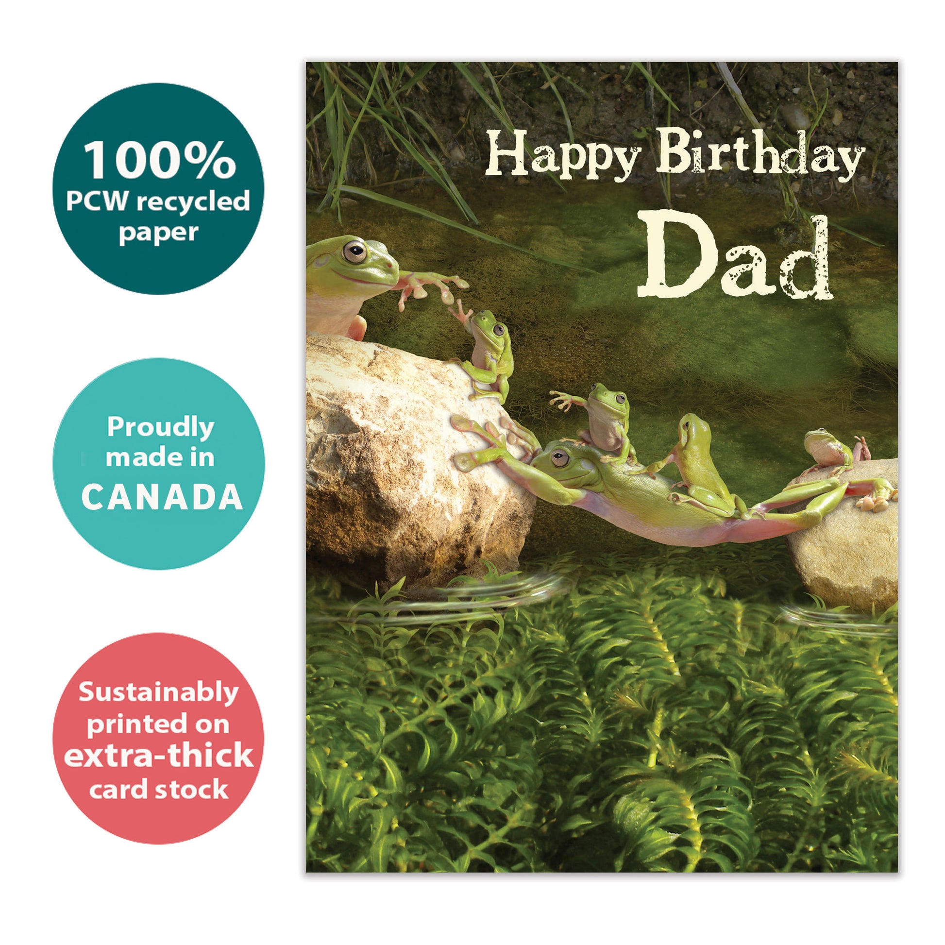 Front view of a Birthday greeting card with a frog dad supporting his children, highlighting its eco-friendly materials and made in Canada