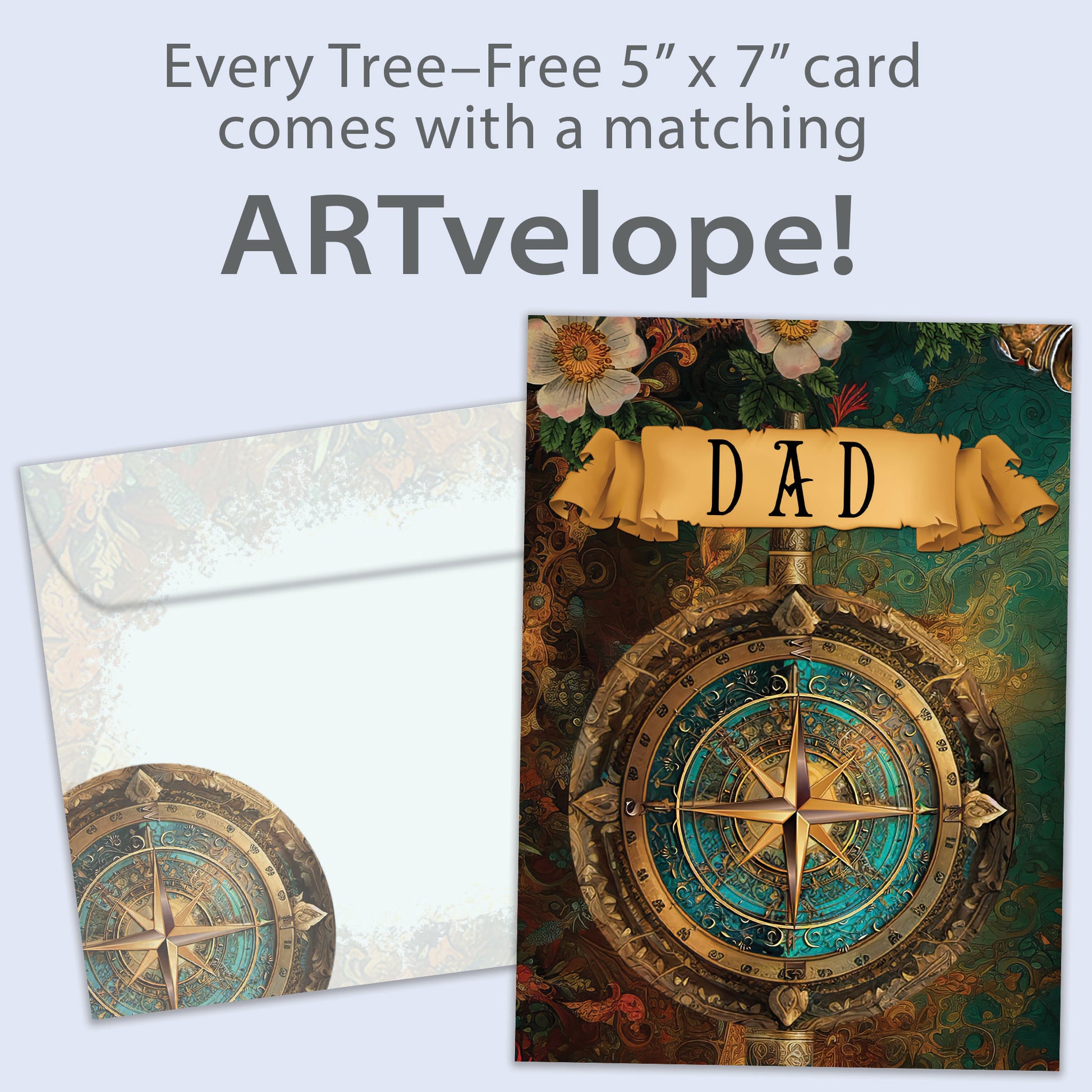 Front view of a Birthday greeting card featuring a beautifully coloured compass and the word "Dad", with matching envelope artwork.