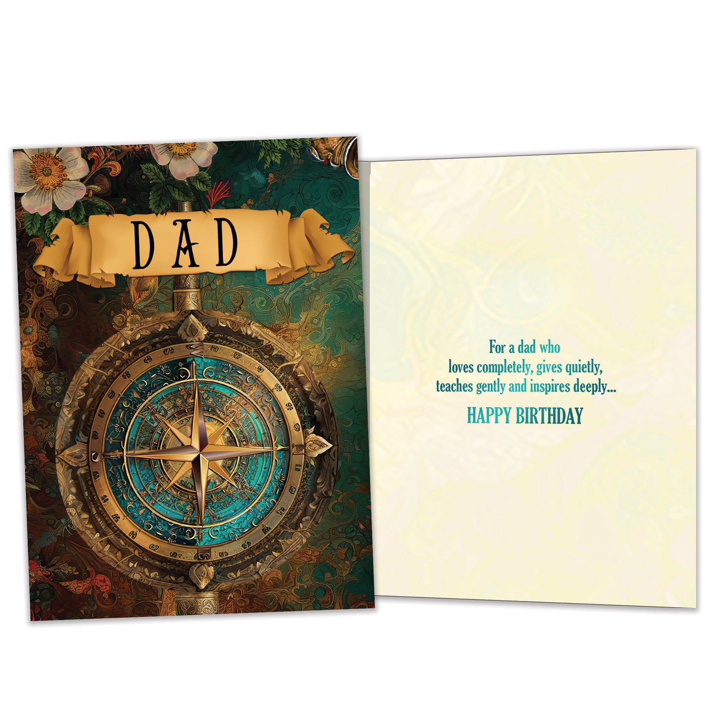 Front and inside view of a Birthday greeting card featuring beautifully coloured compass and the word "Dad", with matching design details inside.