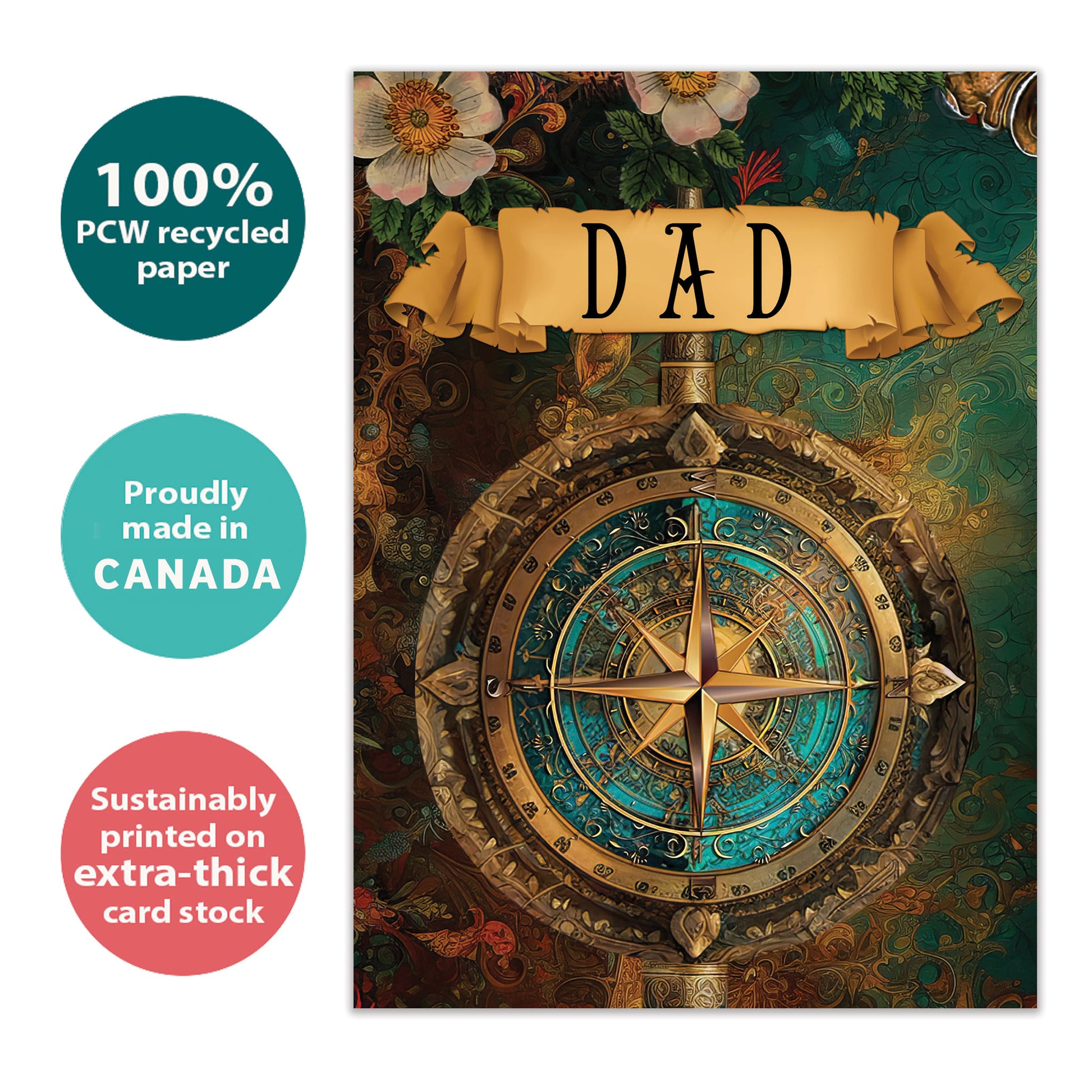 Front view of a Birthday greeting card with a beautifully coloured compass and the word "Dad", highlighting its eco-friendly materials and made in Canada