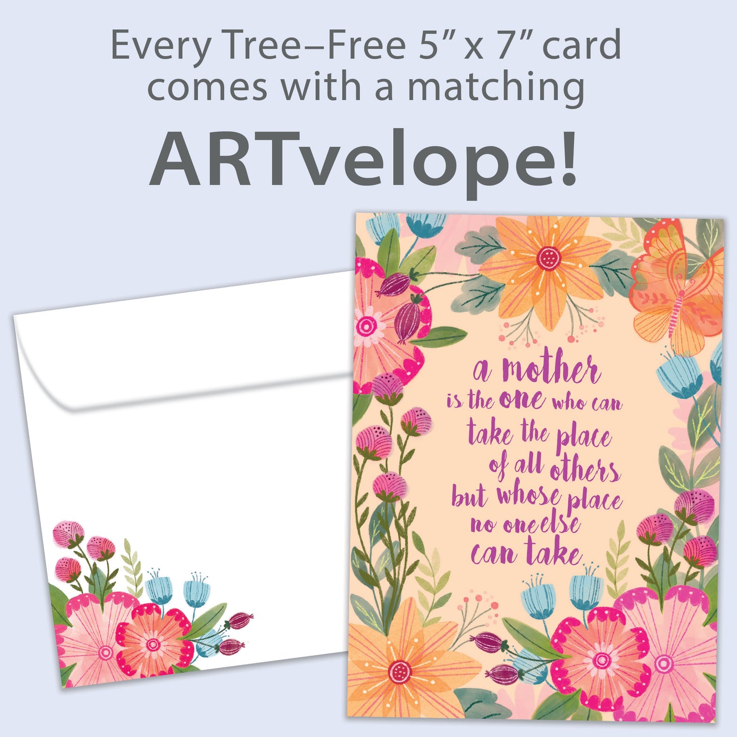 Front view of a Birthday greeting card featuring a floral design surrounding an endearing message about mothers, with matching envelope artwork