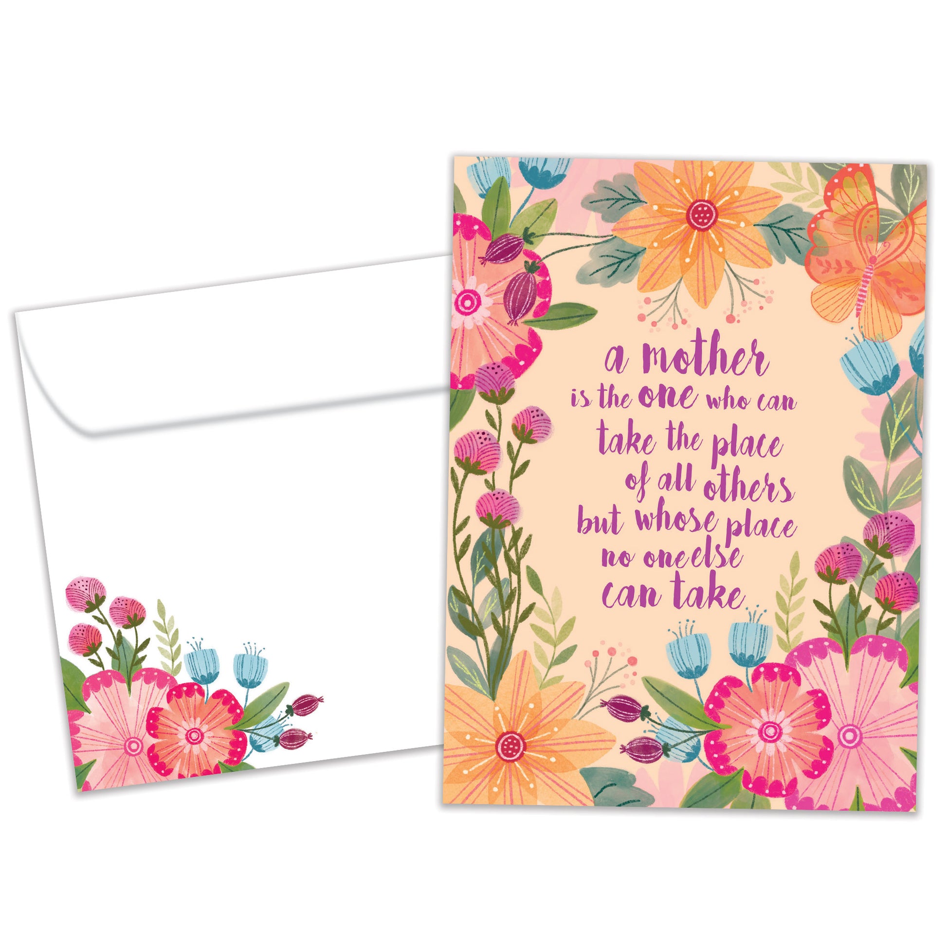 Front view of a Birthday greeting card featuring a floral design surrounding an endearing message about mothers, with a matching envelope