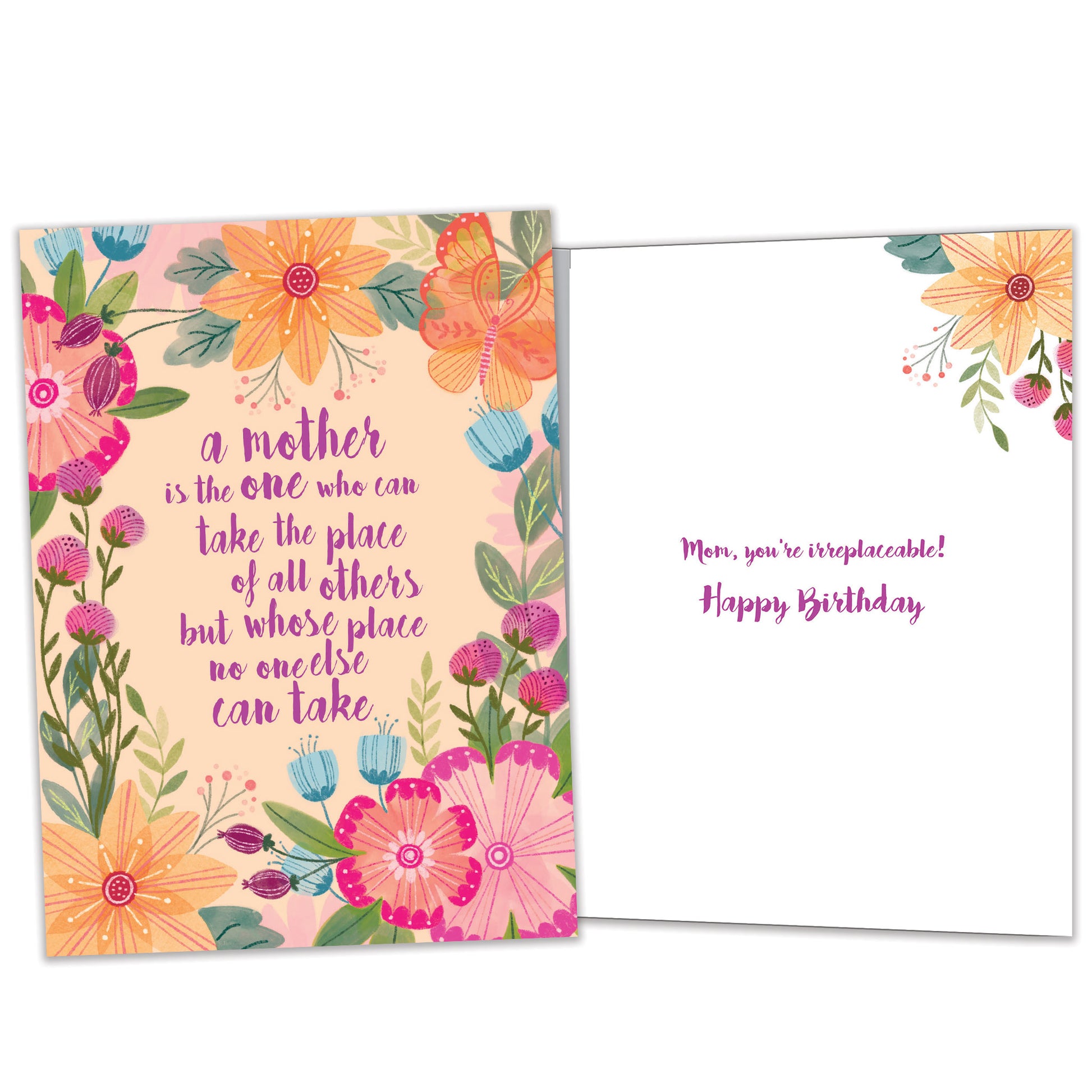 Front and inside view of a Birthday greeting card with a floral design and a nice message about mothers, with matching design details inside.