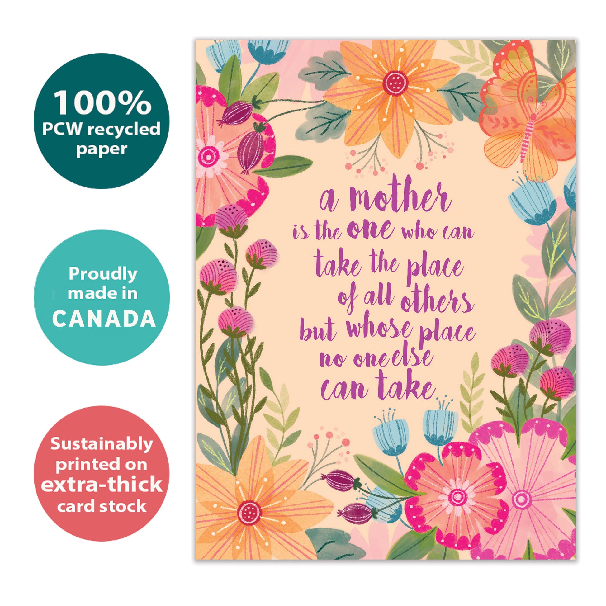 Front view of a Birthday greeting card with a floral design and a nice message about mothers, highlighting its eco-friendly materials and made in Canada
