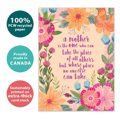 Front view of a Birthday greeting card with a floral design and a nice message about mothers, highlighting its eco-friendly materials and made in Canada