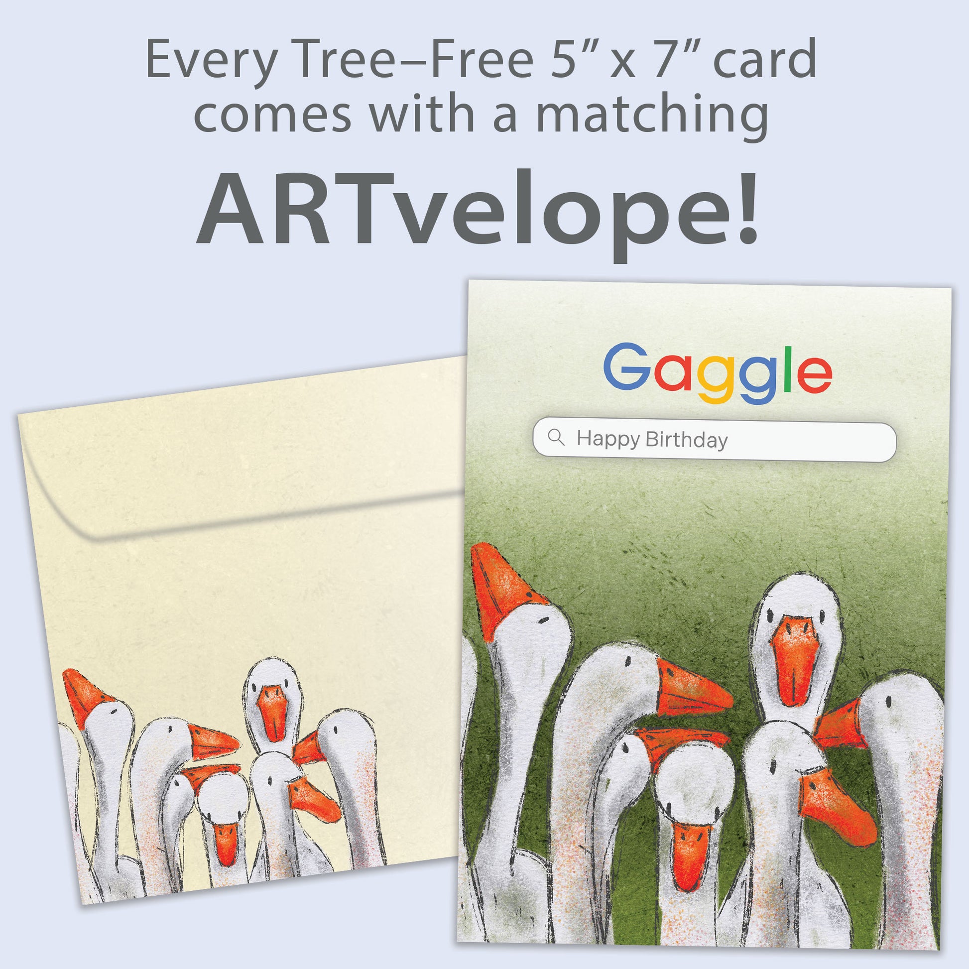 Front view of a Birthday greeting card featuring several geese on a search engine page named Gaggle, with matching envelope artwork