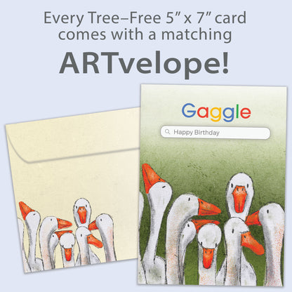 Front view of a Birthday greeting card featuring several geese on a search engine page named Gaggle, with matching envelope artwork