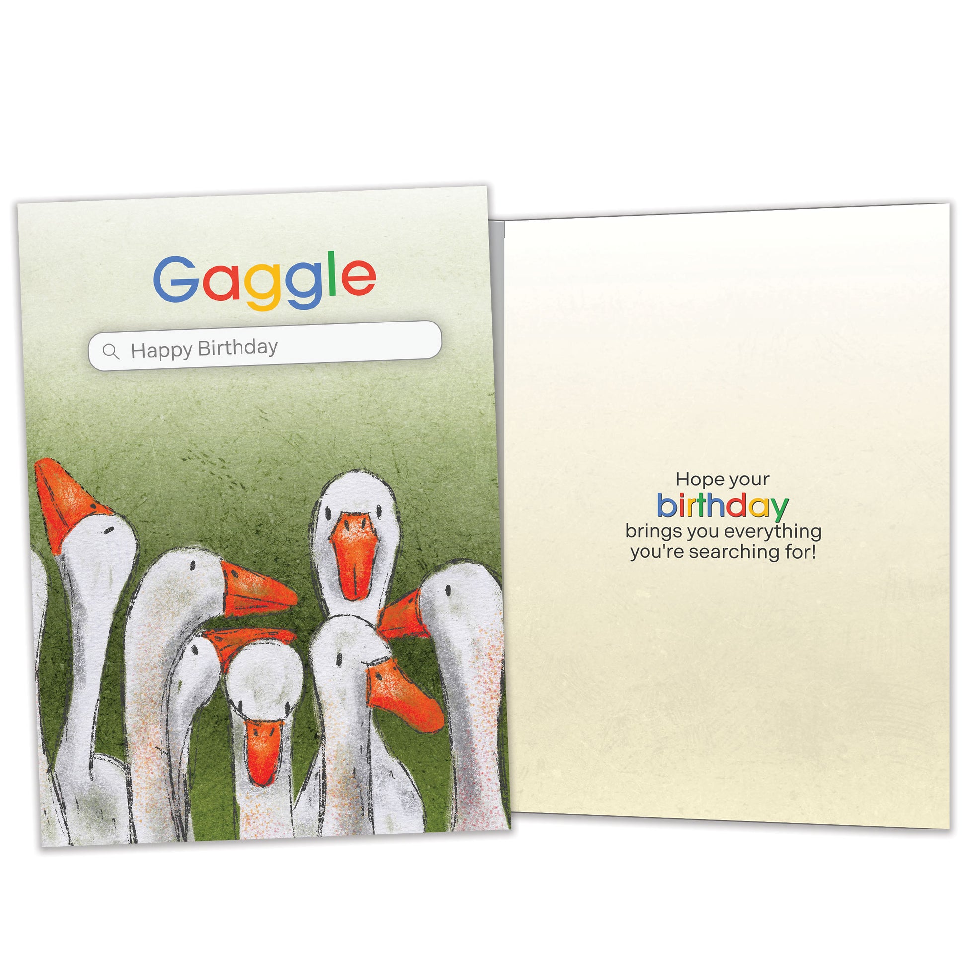 Front and inside view of a Birthday greeting card featuring several geese on a search engine page named Gaggle, with matching design details inside.