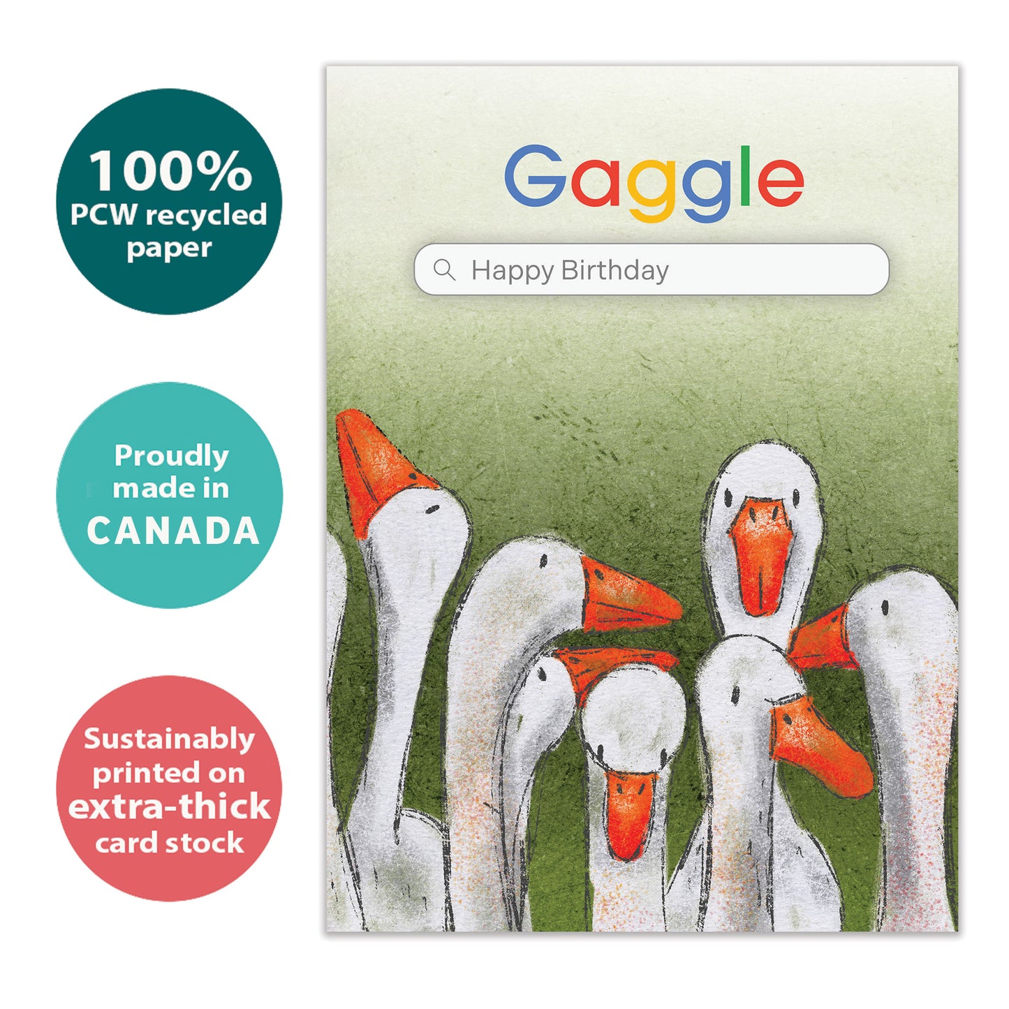 Front view of a Birthday greeting card showing several geese on a Gaggle search engine page, highlighting its eco-friendly materials and made in Canada