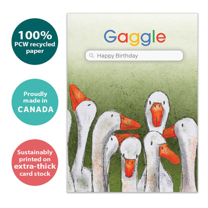 Front view of a Birthday greeting card showing several geese on a Gaggle search engine page, highlighting its eco-friendly materials and made in Canada