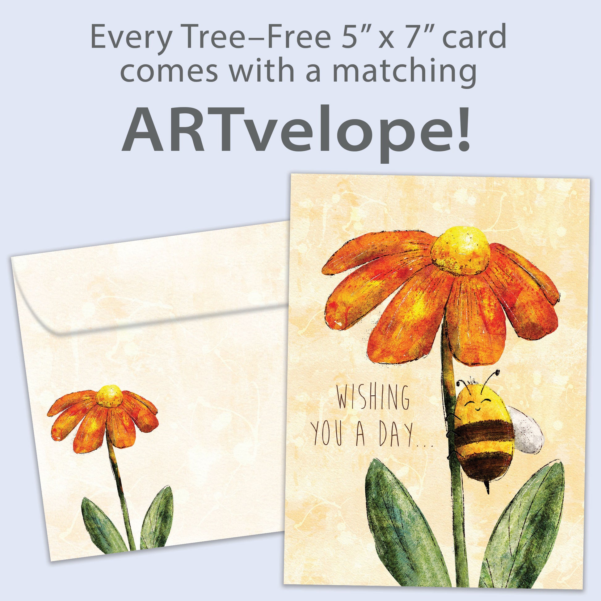 Front view of a Birthday greeting card featuring a smiling honey bee on a colourful flower, with matching envelope artwork.