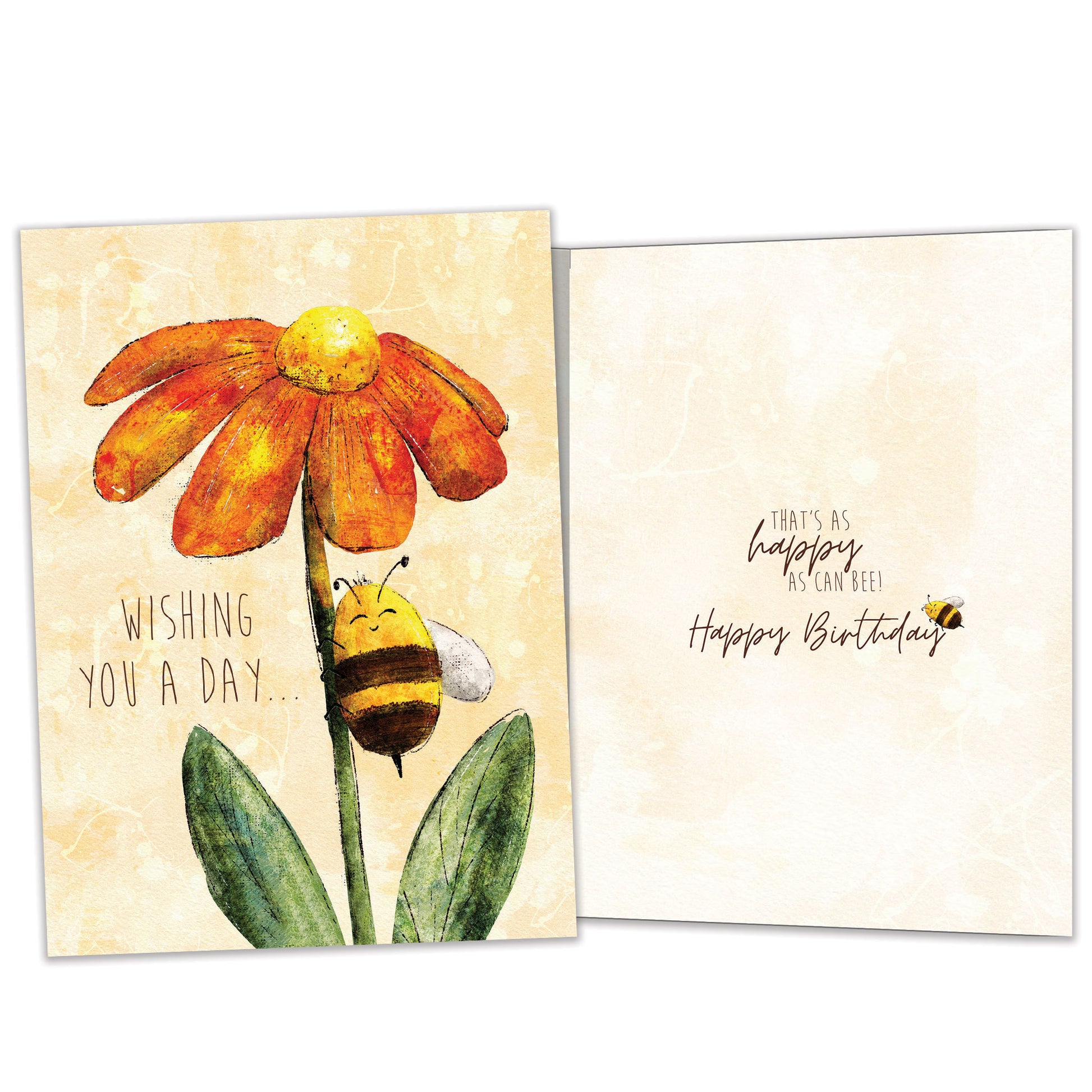 Front and inside view of a Birthday greeting card featuring a smiling honey bee on a colourful flower, with matching design details inside. 