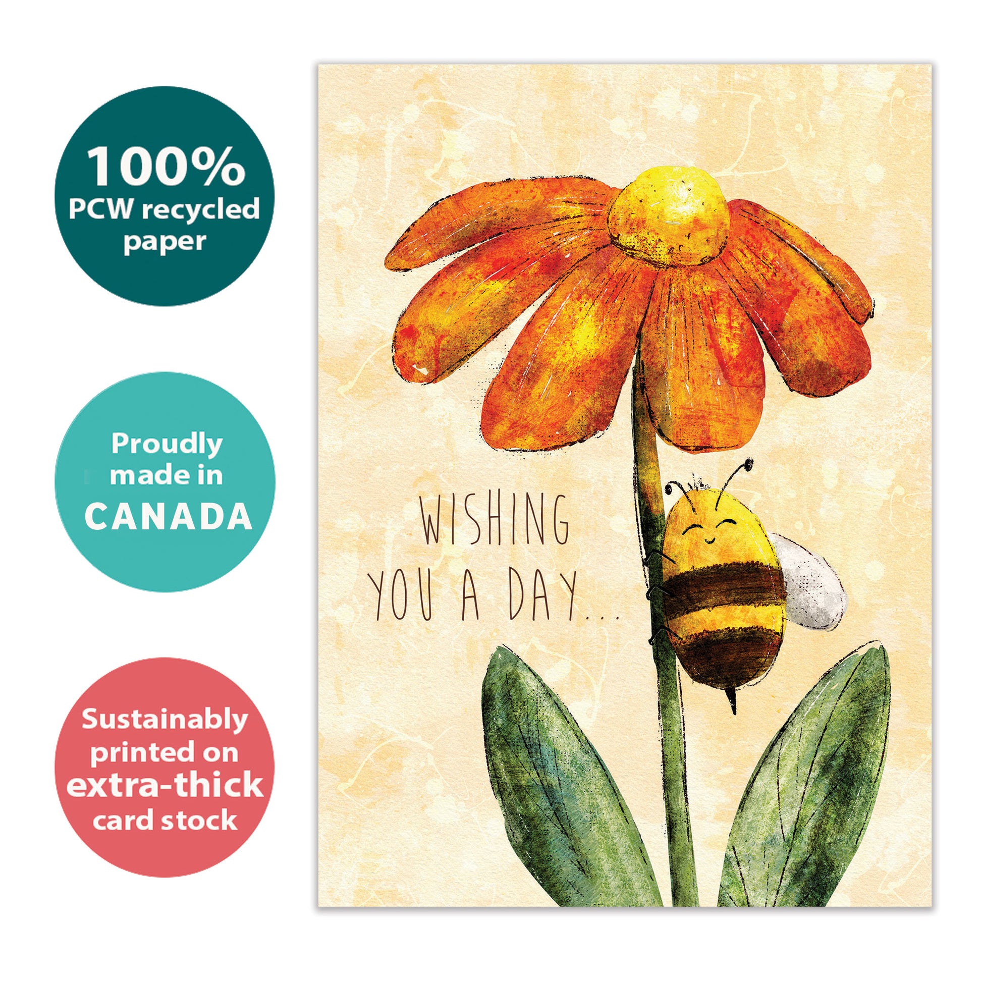 Front view of a Birthday greeting card featuring a smiling honey bee on a colourful flower, highlighting its eco-friendly materials and made in Canada