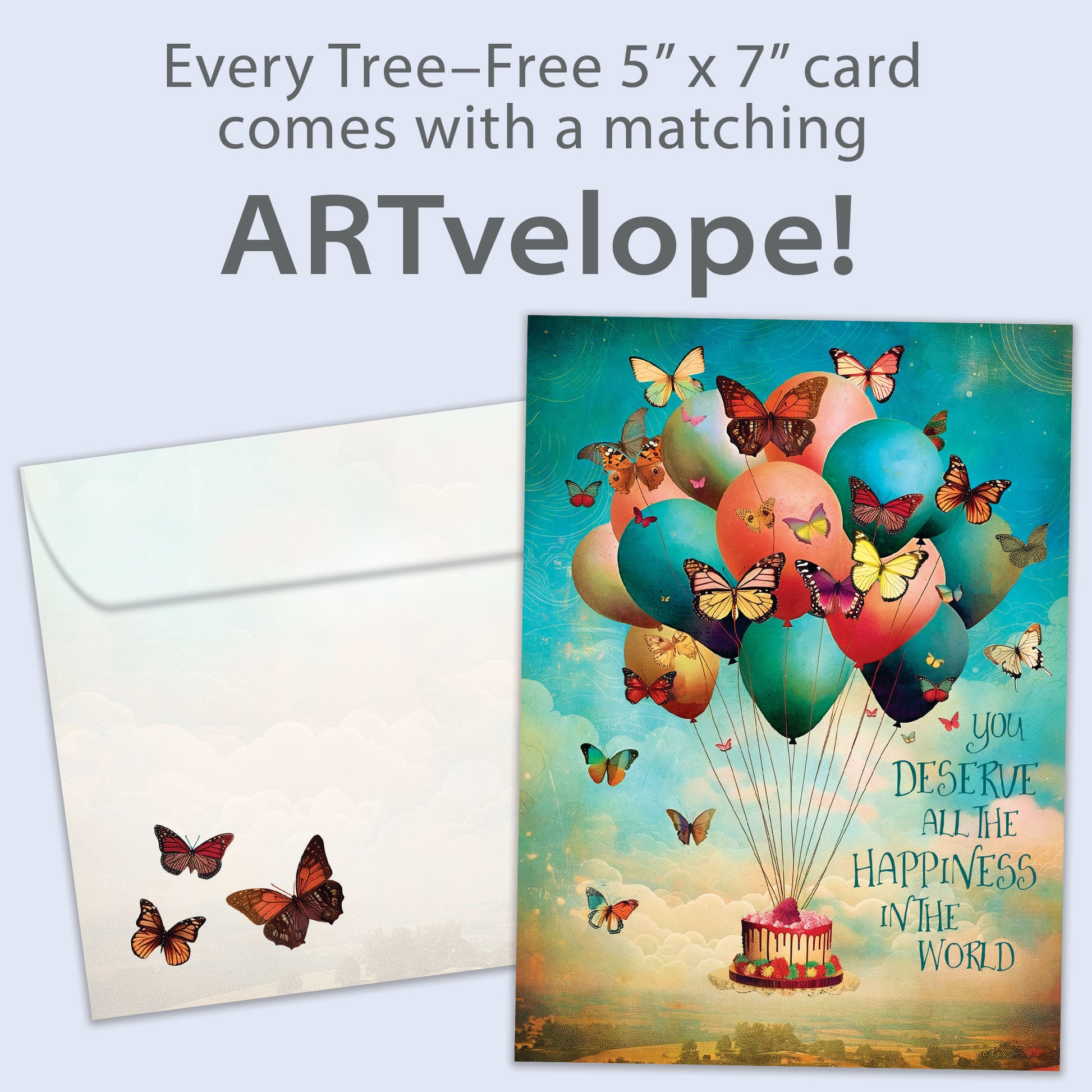 Front view of a Birthday greeting card featuring balloons floating a cake in the sky and butterflies, with matching envelope artwork