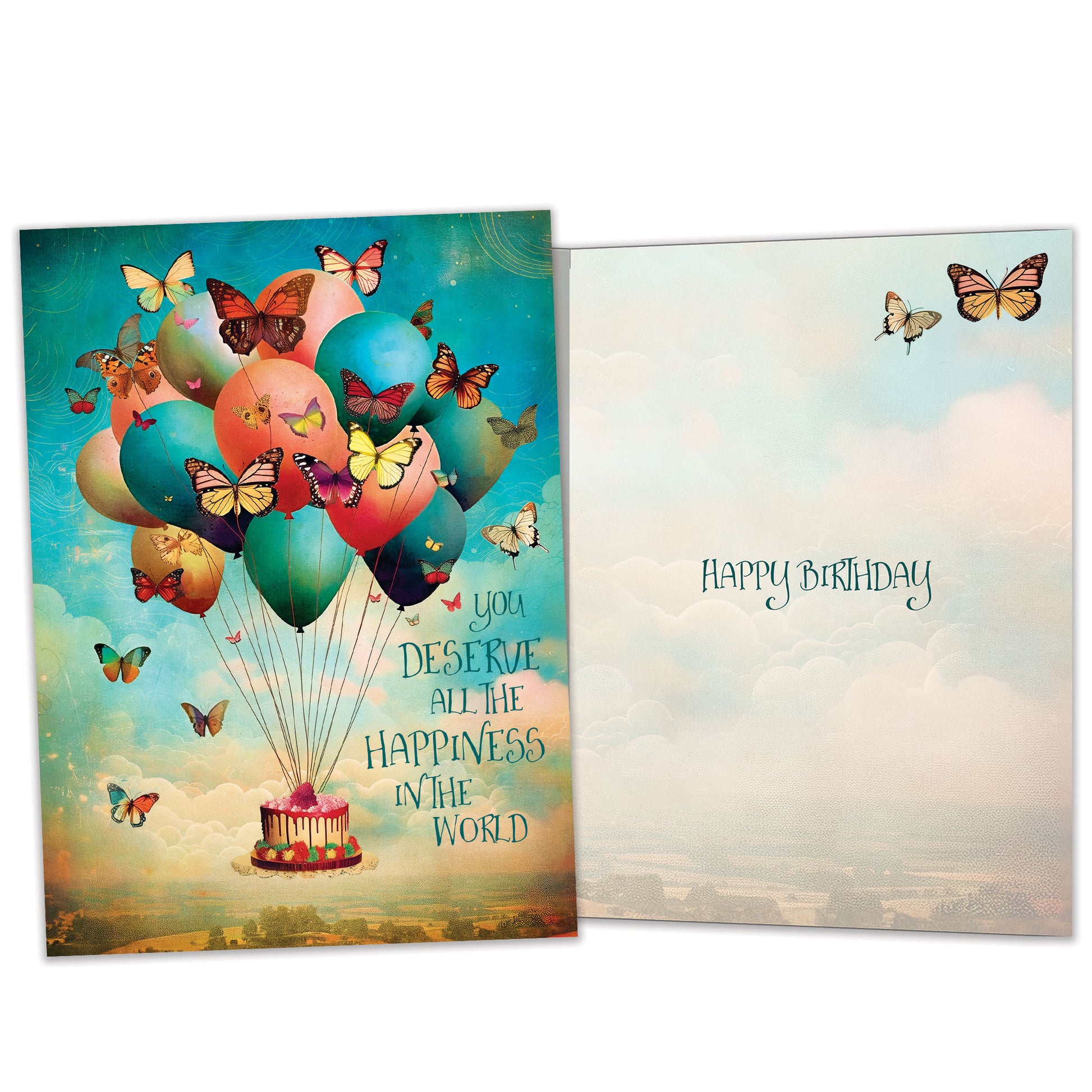 Front and inside view of a Birthday greeting card featuring balloons floating a cake in the sky and butterflies, with matching design details inside
