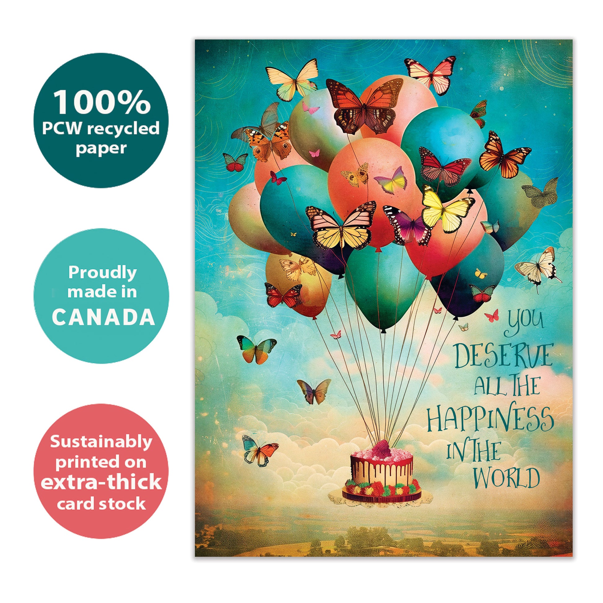 Front view of a Birthday greeting card featuring cake and balloons floating in the sky, highlighting its eco-friendly materials and made in Canada