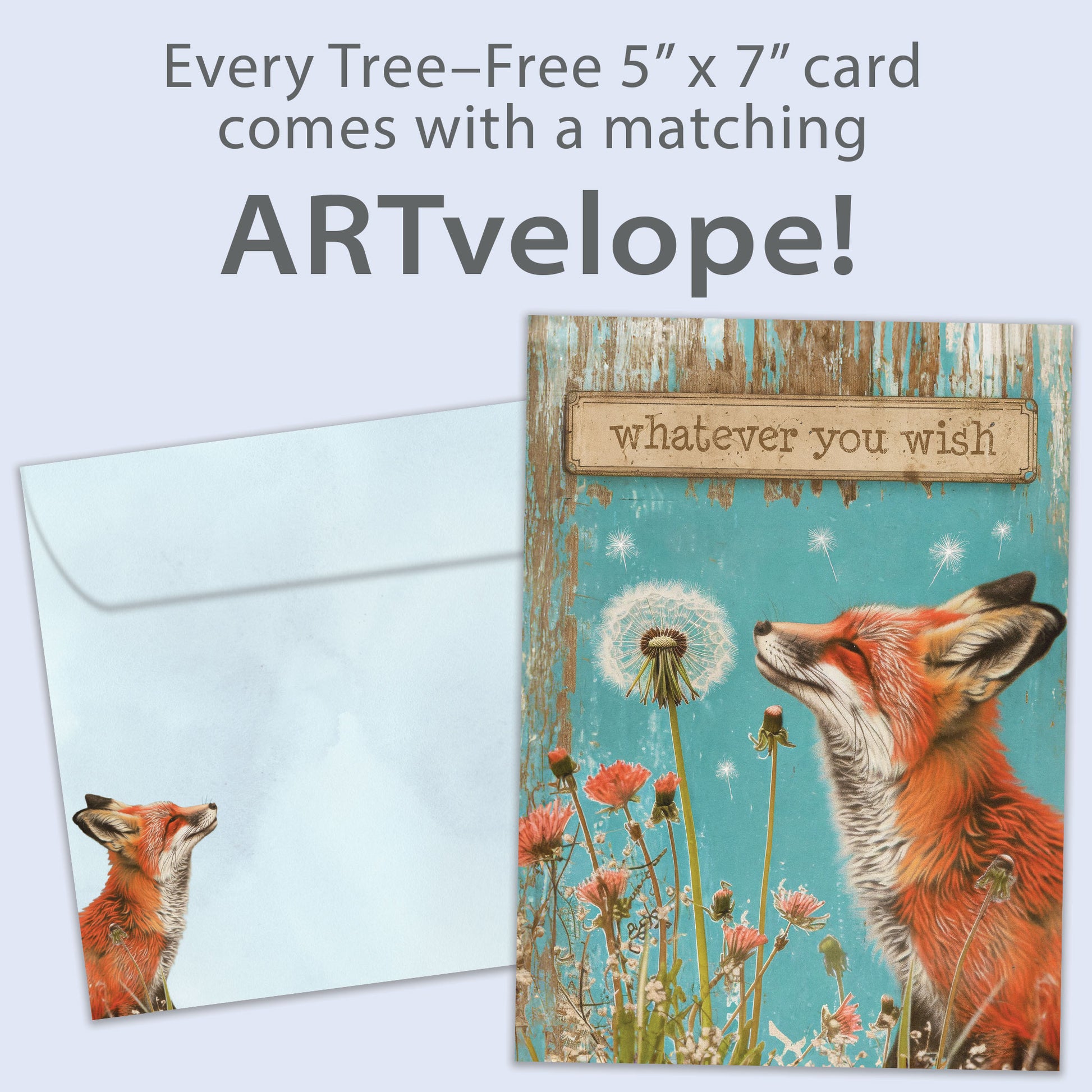 Front view of a Birthday greeting card featuring a beautiful fox with the message "whatever you wish", with matching envelope artwork