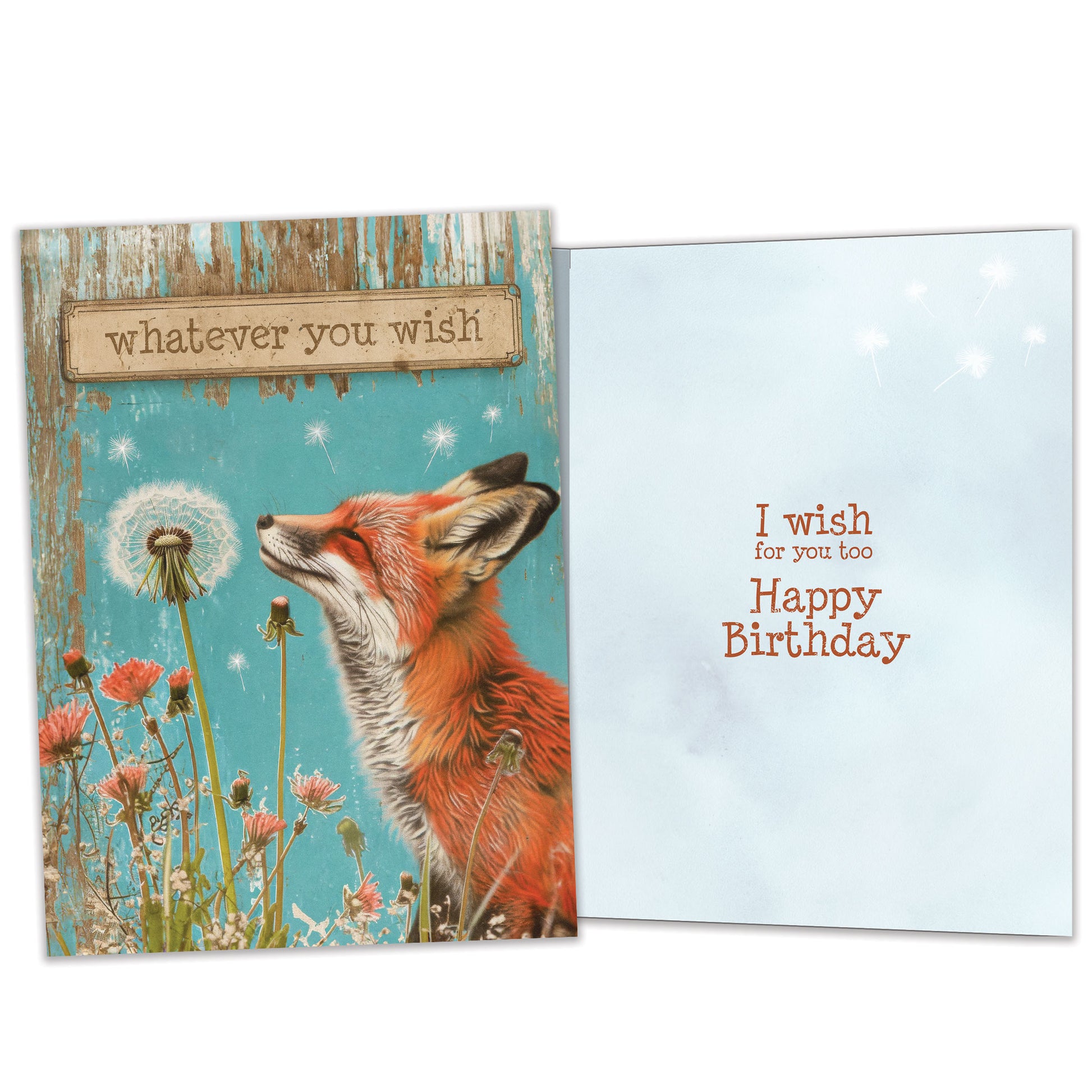 Front and inside view of a Birthday greeting card featuring a beautiful fox with the message "whatever you wish", with matching design details inside.