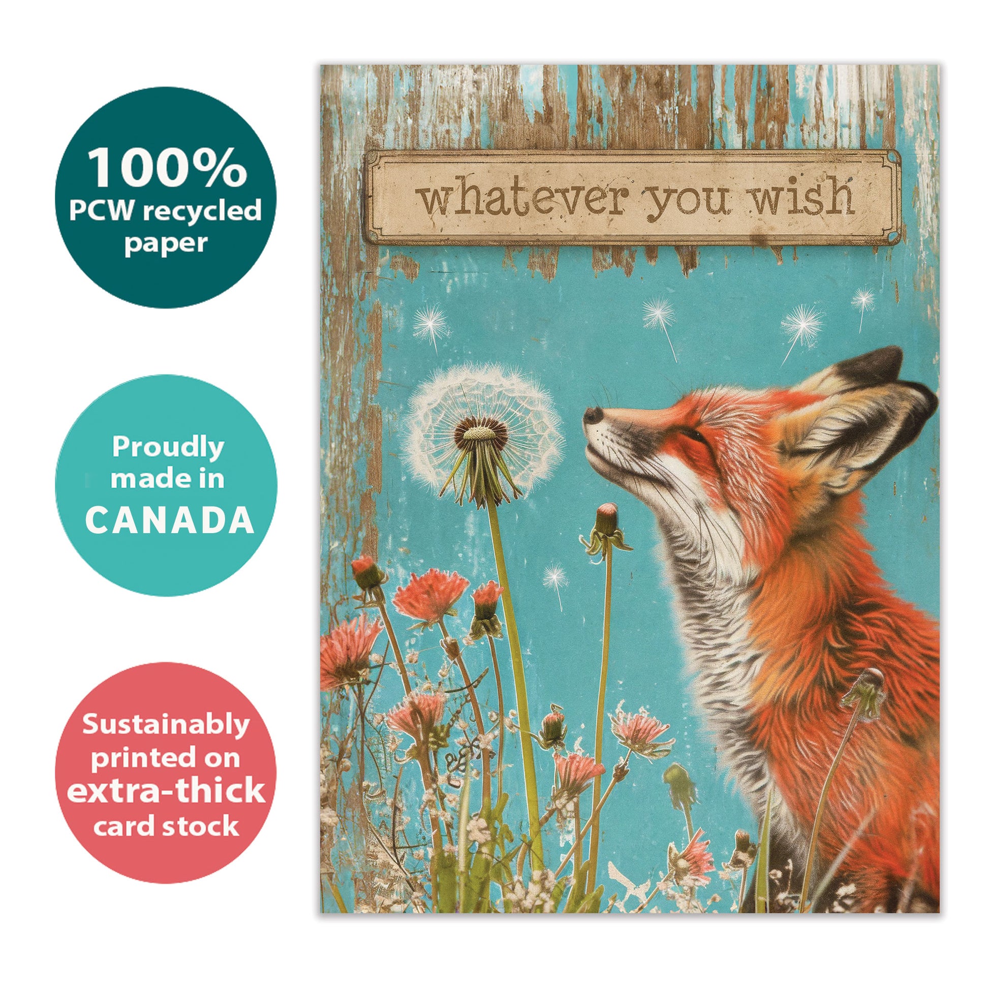 Front view of a Birthday greeting card featuring a fox and the message "whatever you wish", highlighting its eco-friendly materials and made in Canada