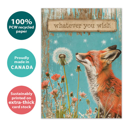 Front view of a Birthday greeting card featuring a fox and the message "whatever you wish", highlighting its eco-friendly materials and made in Canada