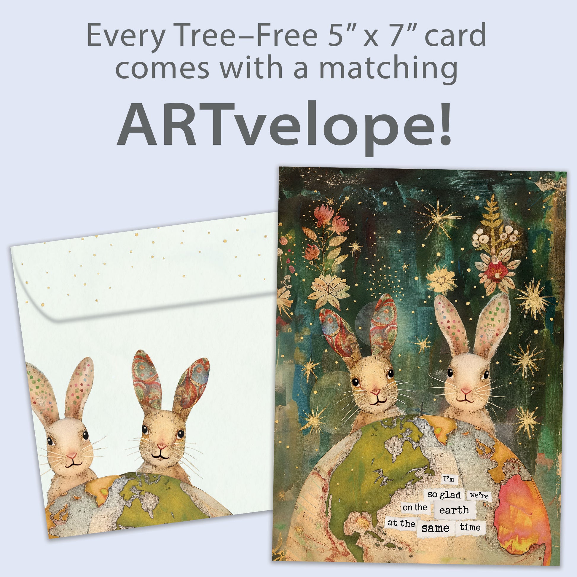 Front view of a Birthday greeting card featuring a two rabbits behind a colourful globe with an endearing message, with matching envelope artwork