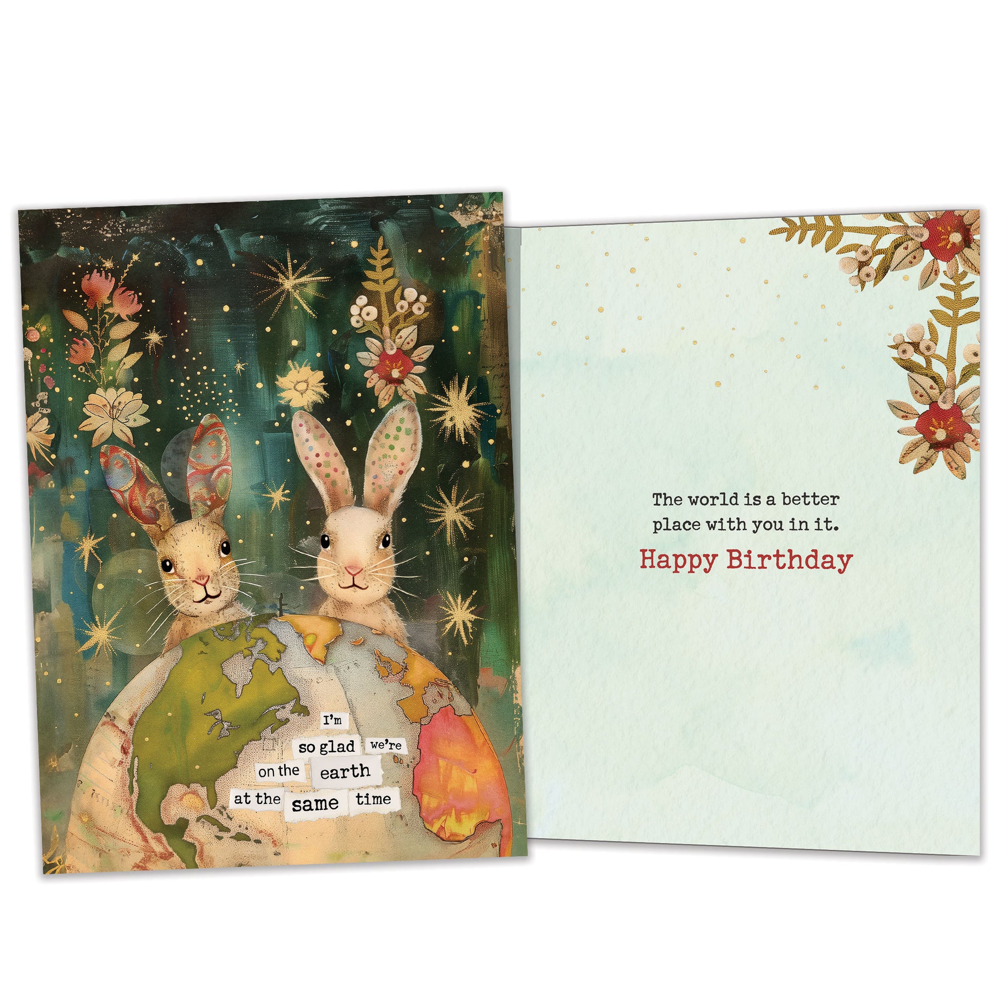 Front and inside view of a Birthday greeting card featuring a two rabbits behind a colourful globe, with matching design details inside