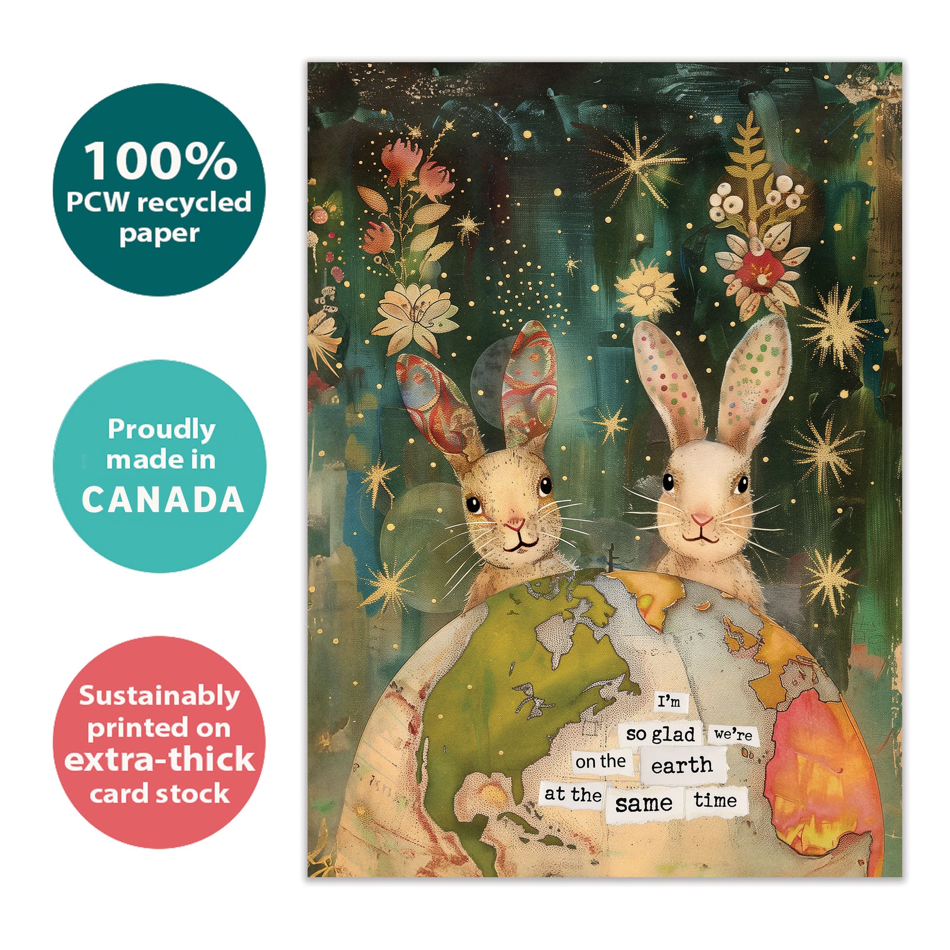 Front view of a Birthday greeting card featuring a two rabbits behind a colourful, highlighting its eco-friendly materials and made in Canada