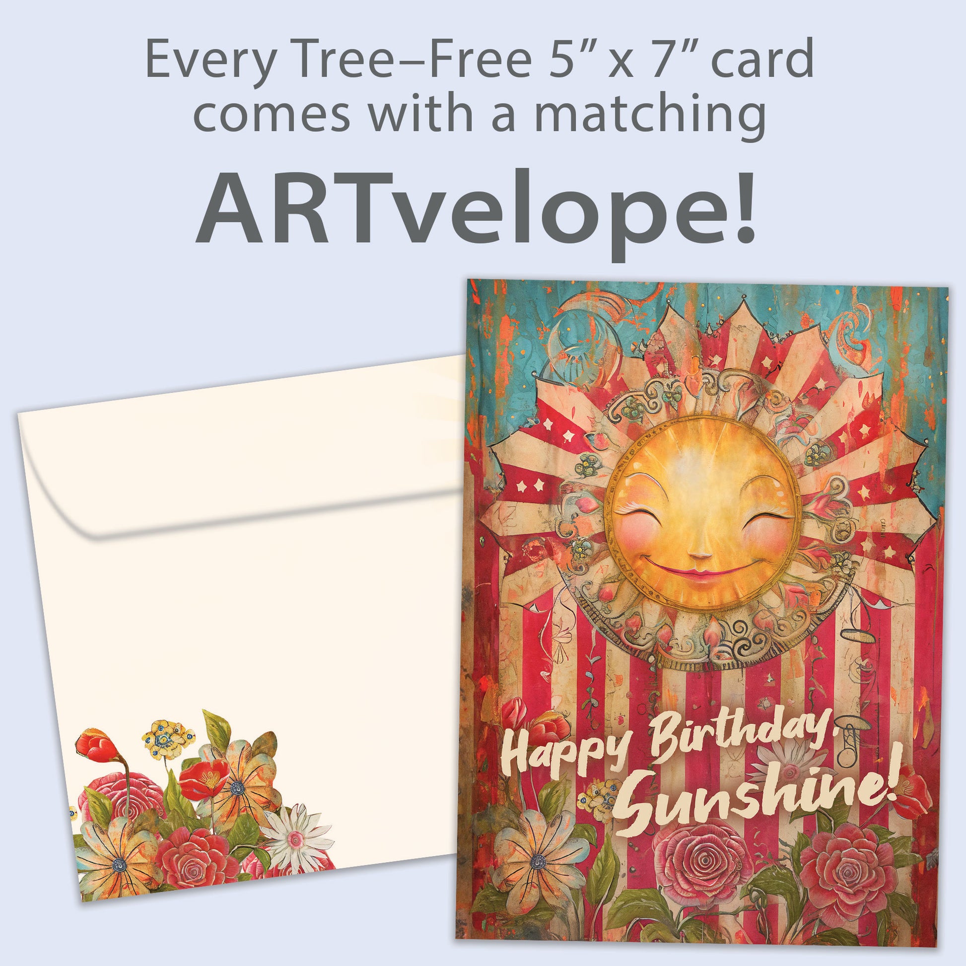 Front view of a Birthday greeting card featuring a smiling sun, flowers and the message "Happy Birthday Sunshine!", with matching envelope artwork.