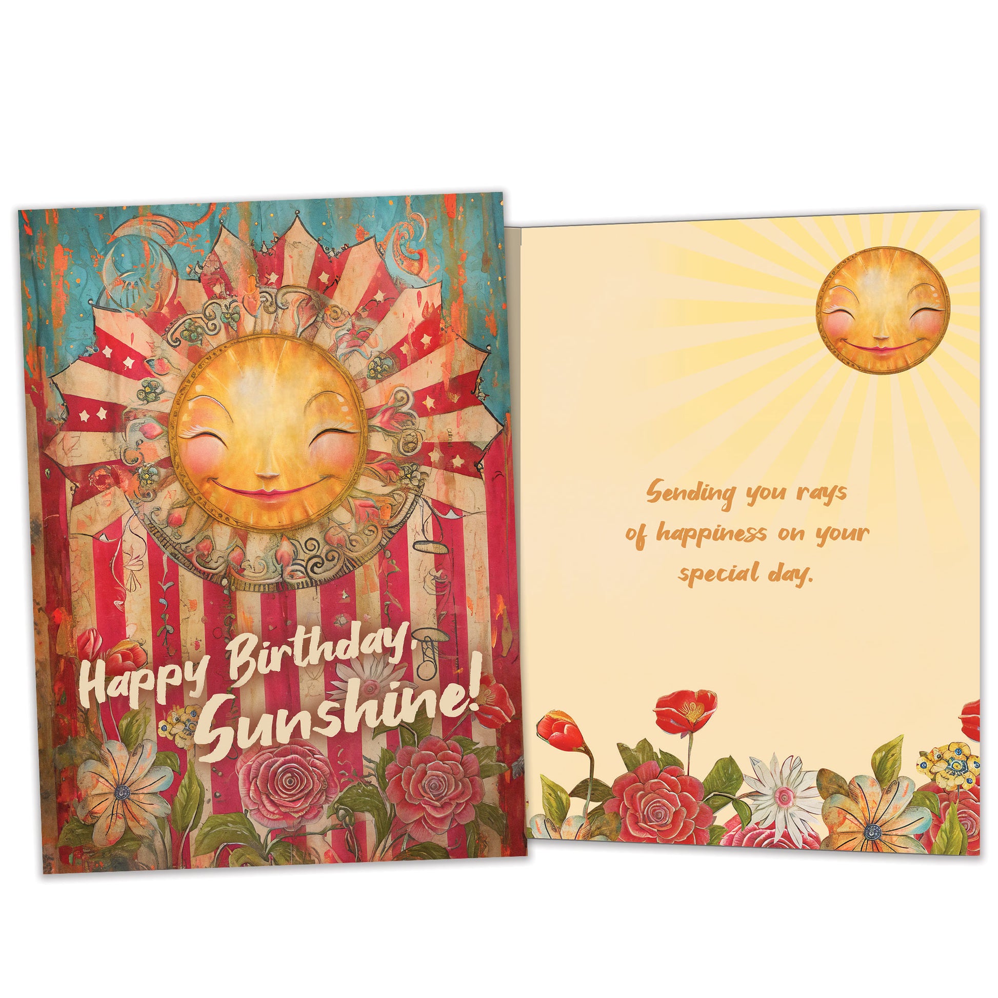 Front and inside view of a Birthday greeting card with a smiling sun and floral design, with matching design details inside.