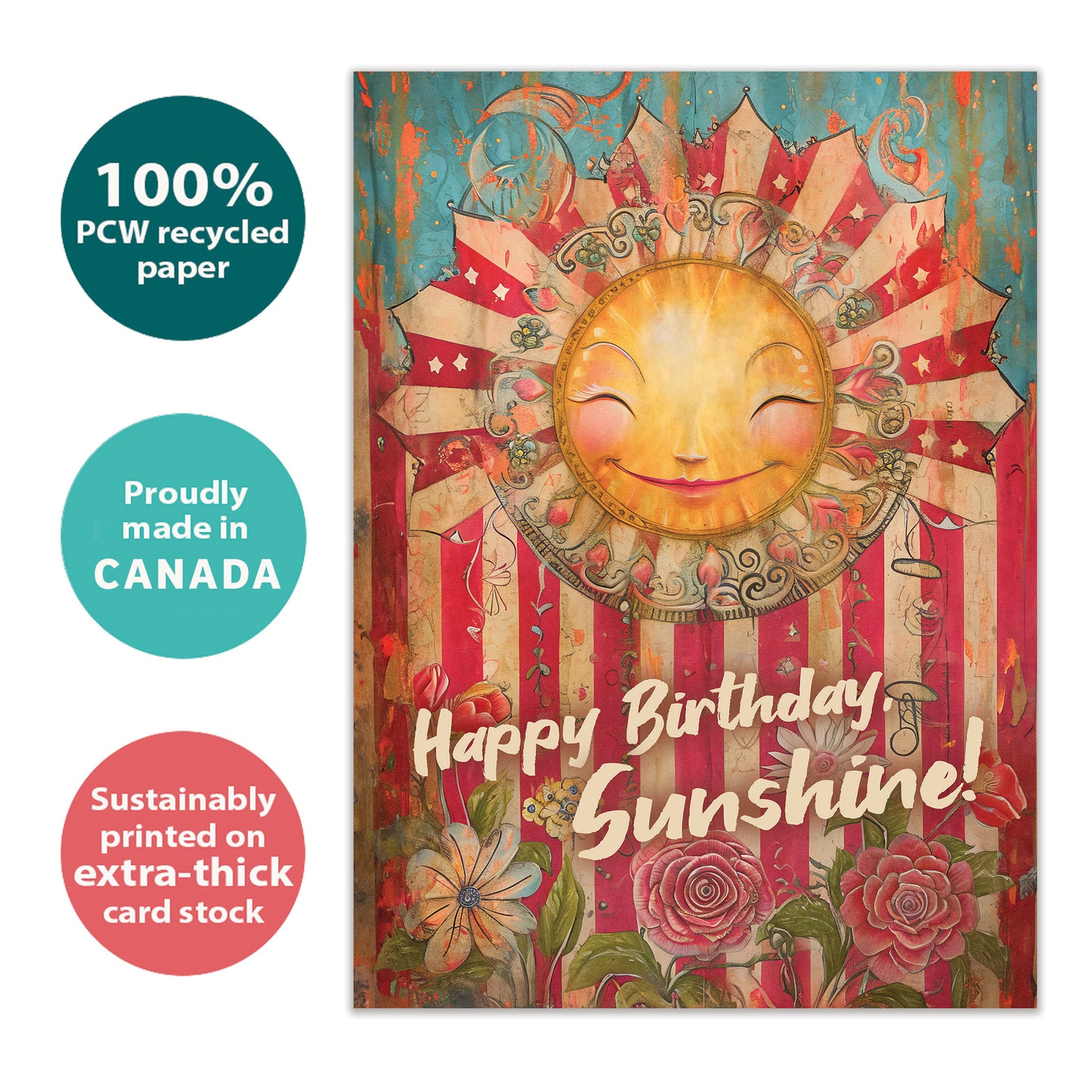 Front view of a Birthday greeting card with a smiling sun and floral design, highlighting its eco-friendly materials and made in Canada